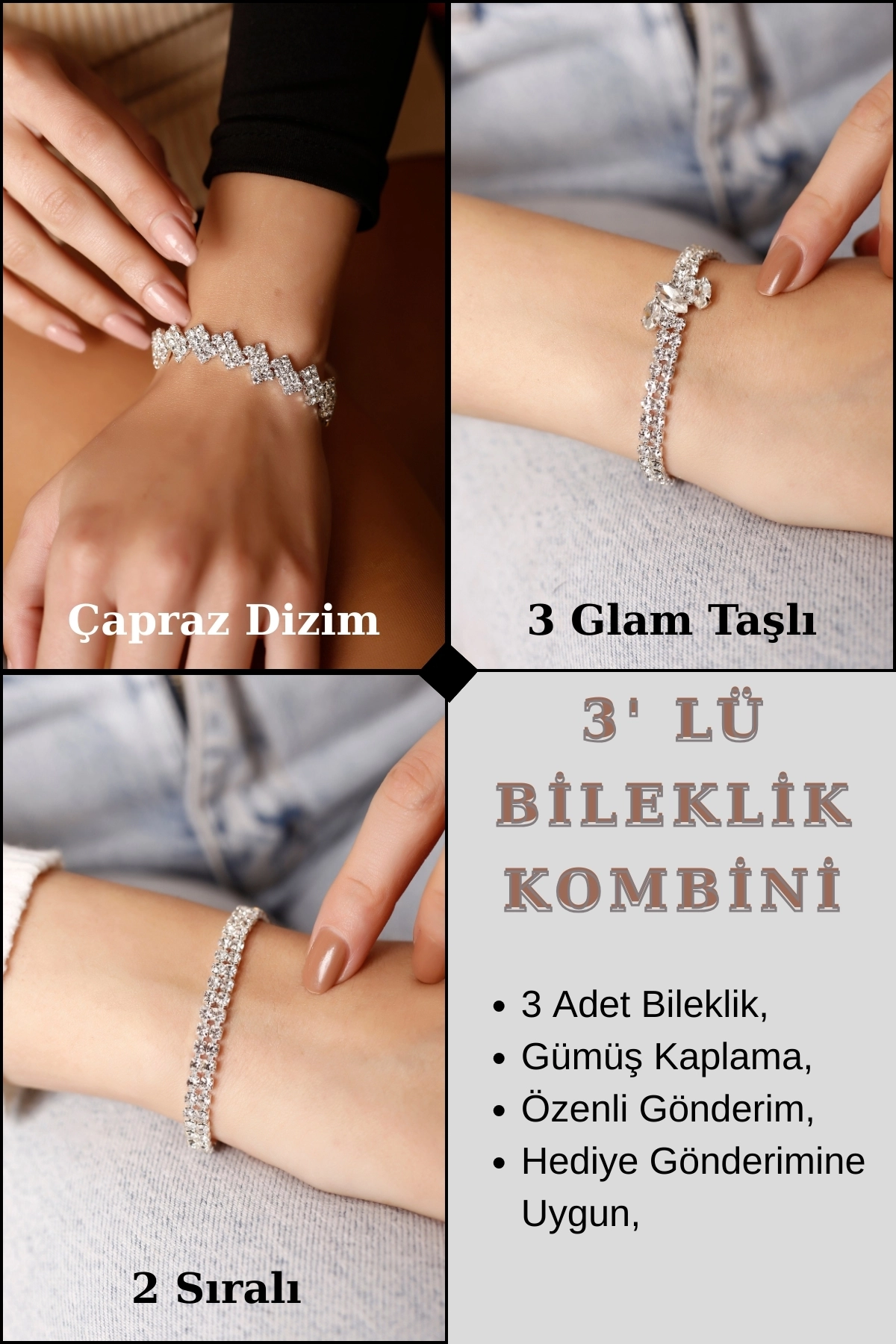 3’lü Taşlı Bileklik Seti | Çapraz Dizim, 2 Sıralı & 3 Glam Taşlı Bileklik