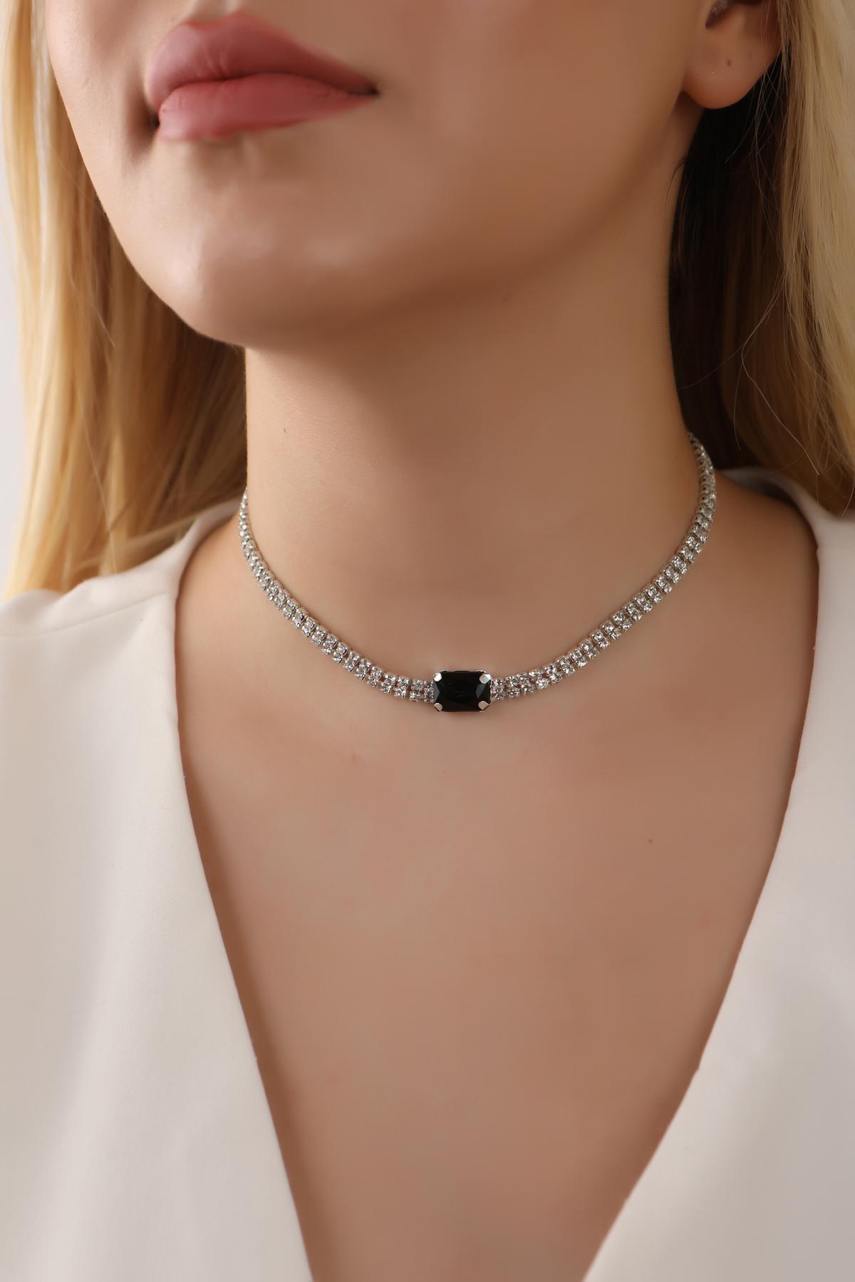 Siyah Baget Taşlı Choker Kolye, Stylish Taşlı Choker, Su Yolu Choker Kolye, Gerdanlık, Boyunluk