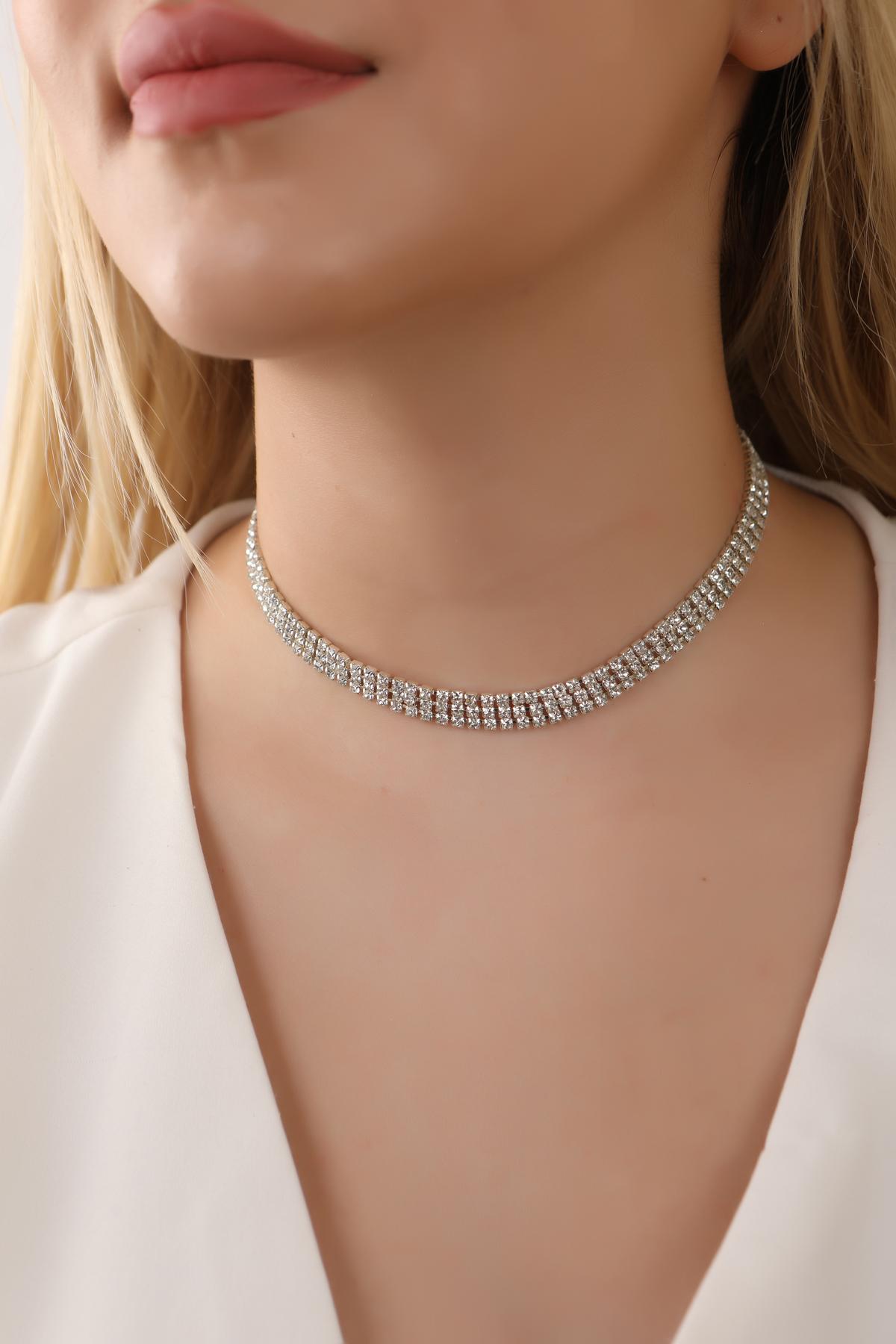 Gümüş Renk Su Yolu 3 Sıralı Taşlı Choker Kolye Taşlı Kolye Trend Choker Kolye Gerdanlık