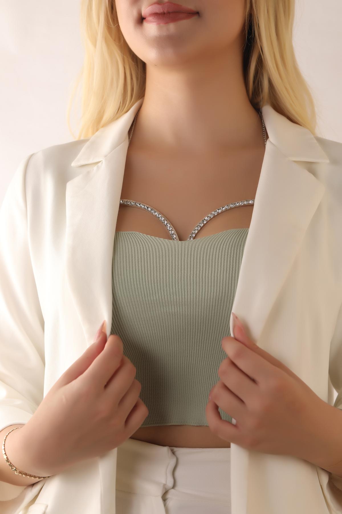 Kristal Beyaz Taşlı Vücut Aksesuarı Göğüs Bikini Takısı Sütyen Zinciri Silver