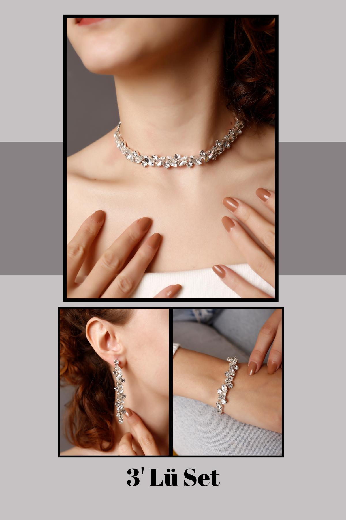 Stylish Taşlı Su Yolu 3’ lü Set Choker Kolye, Bileklik ve Küpe Taşlı Set