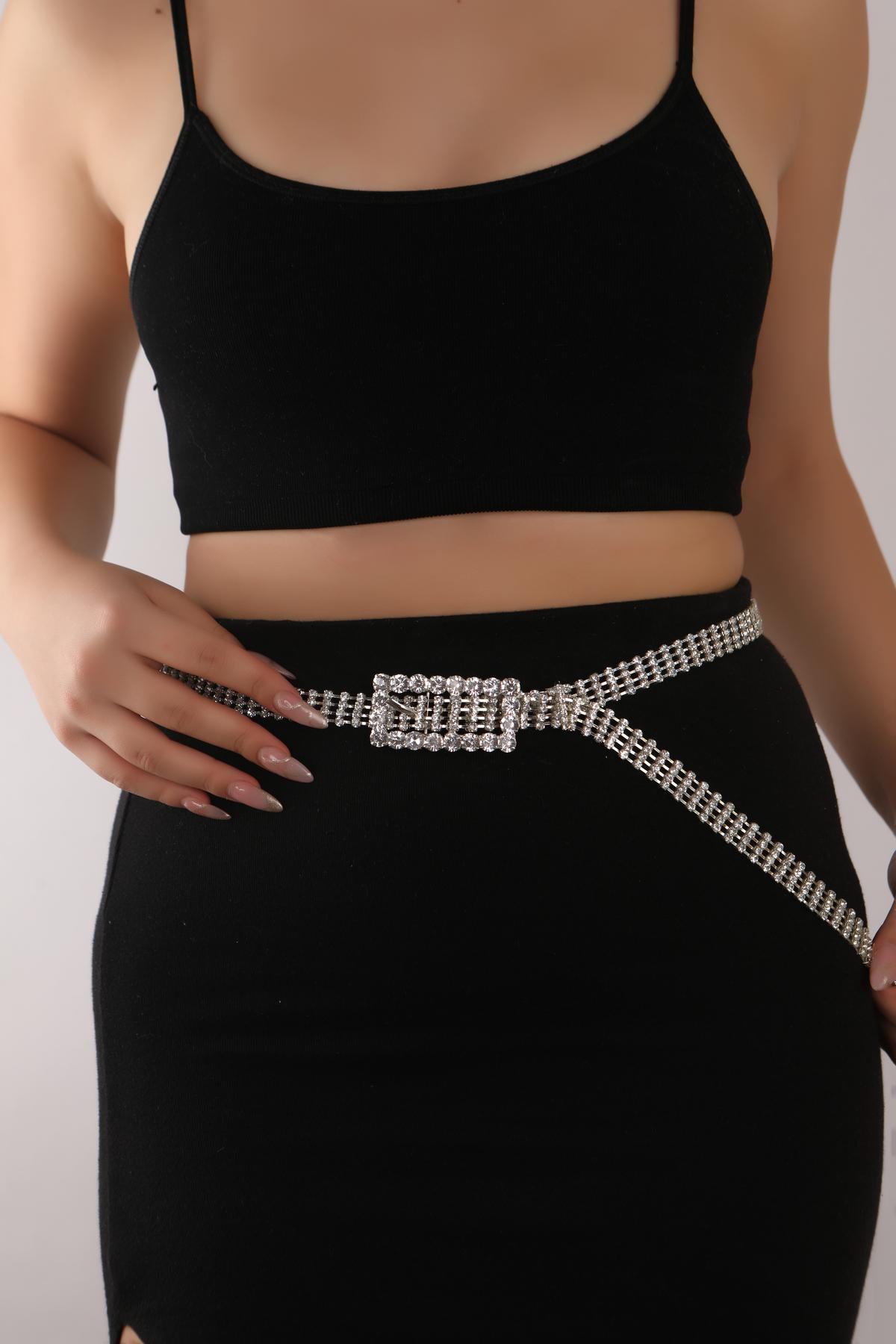Gümüş Renk Taşlı Kemer 4 Sıralı Dikdörtgen Tokalı Taşlı Kemer Stylish Su Yolu Kemer Kadın Kemer