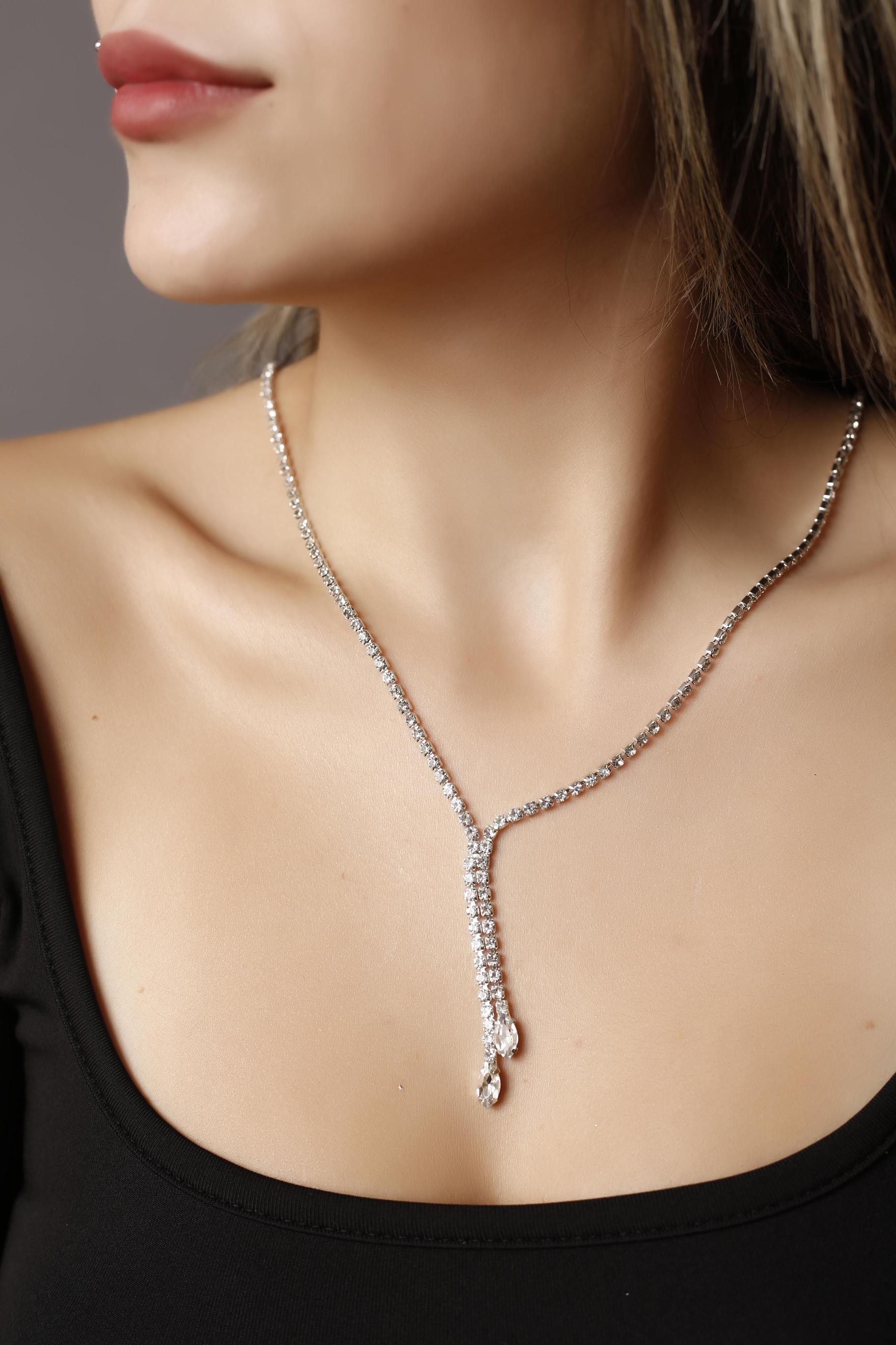 Zirkon Taşlı Rhinestone Su yolu Kolye Küpe Ve Bileklik Seti Gelin Nişan Seti Parti Davet Seti 3’lü Set