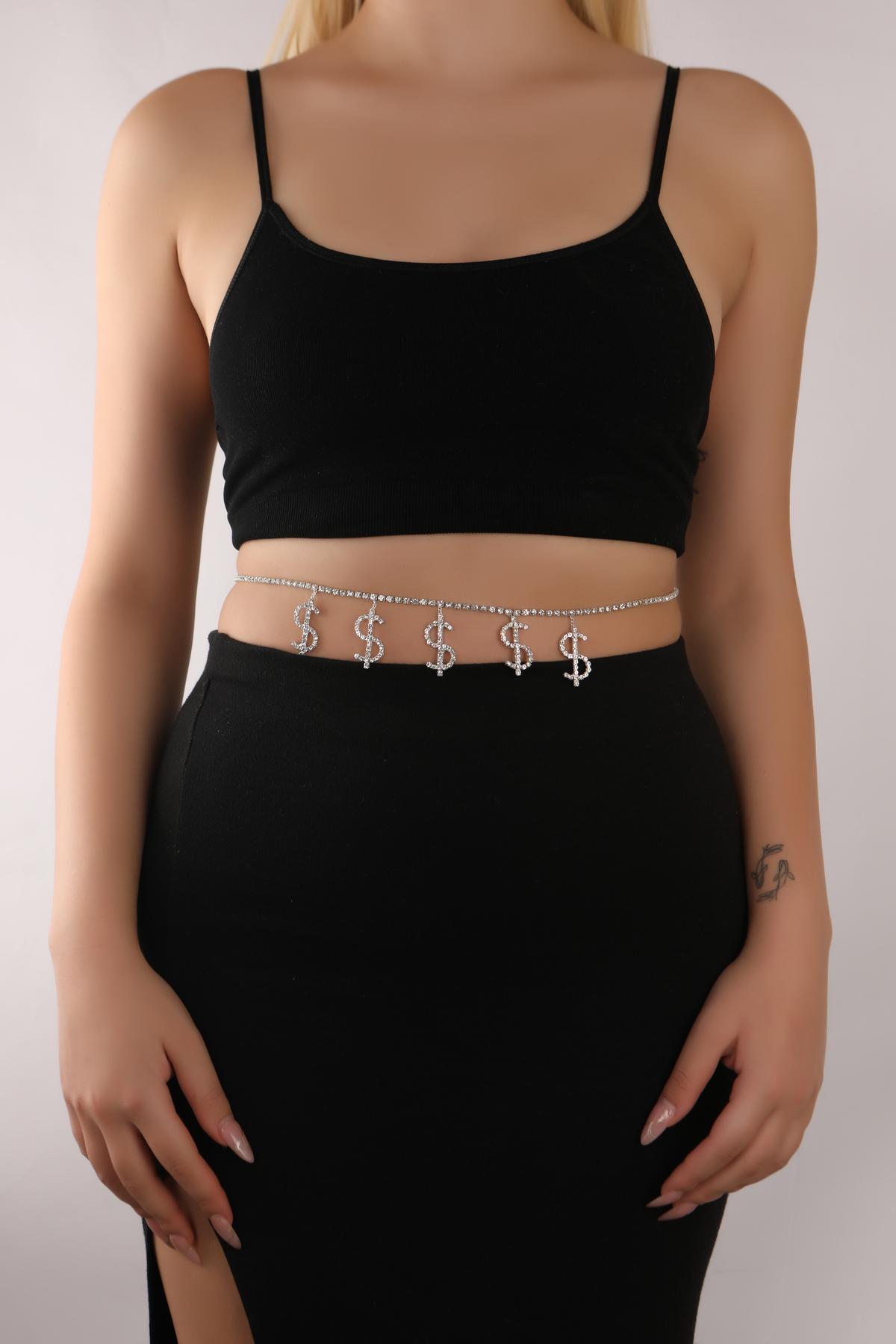 5 Dolarlı Su Yolu Bel Zinciri Taşlı Dolar Bel Zinciri Bikini  Trend Bel Zinciri Kemer Göbek Zinciri