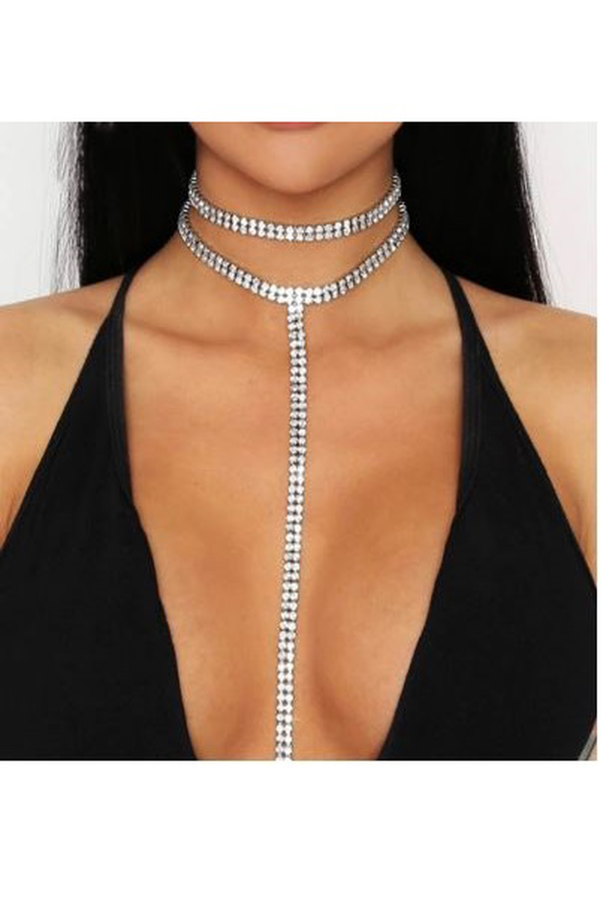 Gümüş Kaplama Su Yolu İkili Kolye Taşlı Uzun Kolye İkili Choker Kolye
