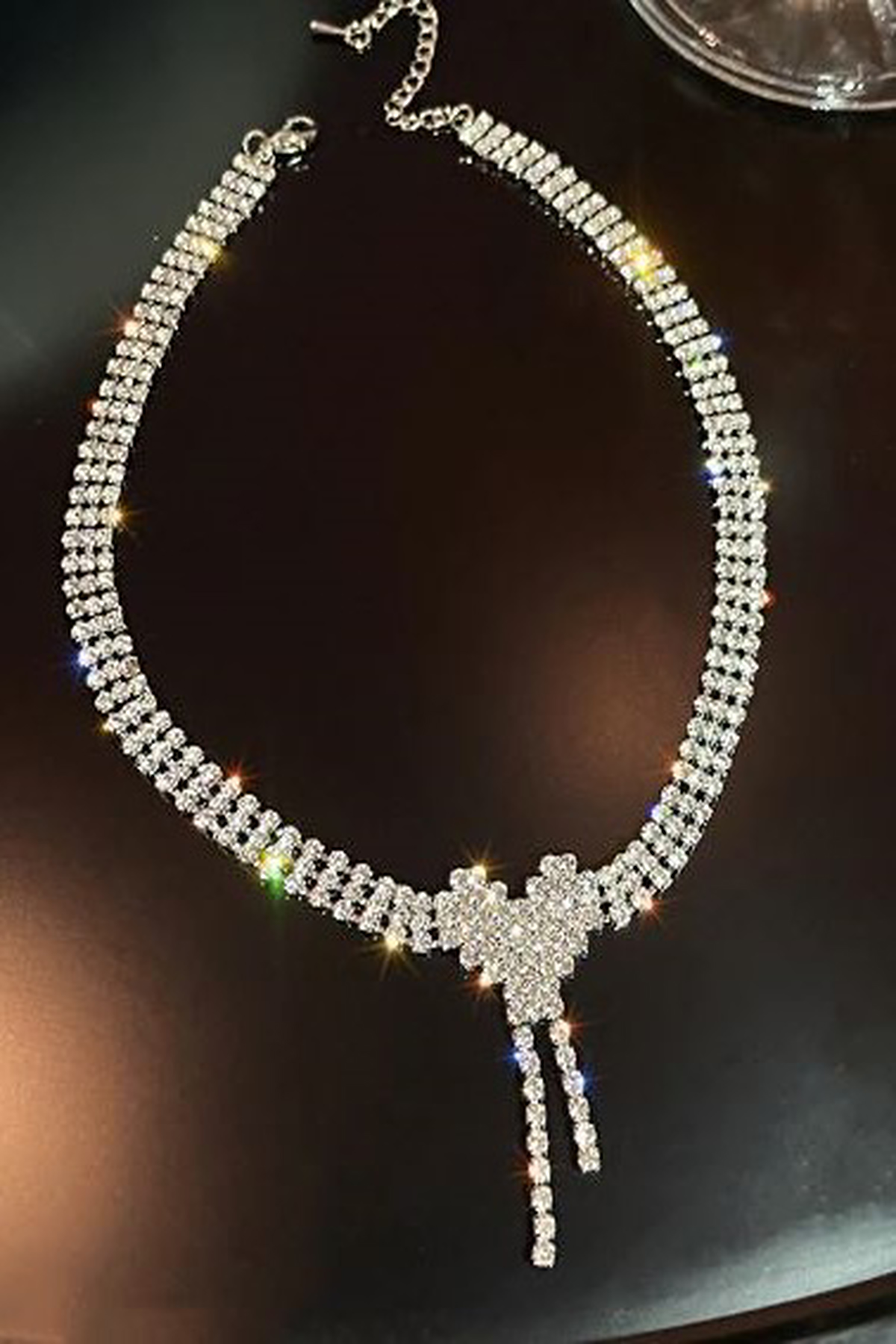 Su Yolu Kalpli Taşlı Kolye Gelin Kolye Nişan Kolye Parti Davet Kolye-Silver