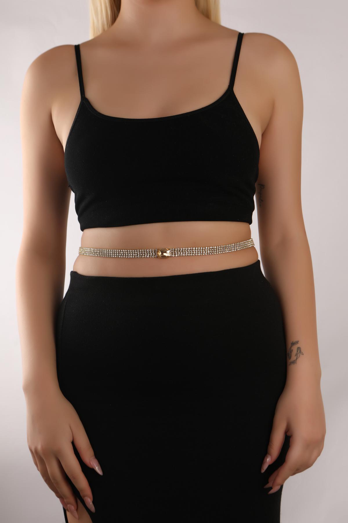 Altın Renk Baget Taşlı Su Yolu 4 Sıralı Bel Zinciri Taşlı Bel Zinciri Bikini  Trend Bel Zinciri Kemer Göbek Zinciri