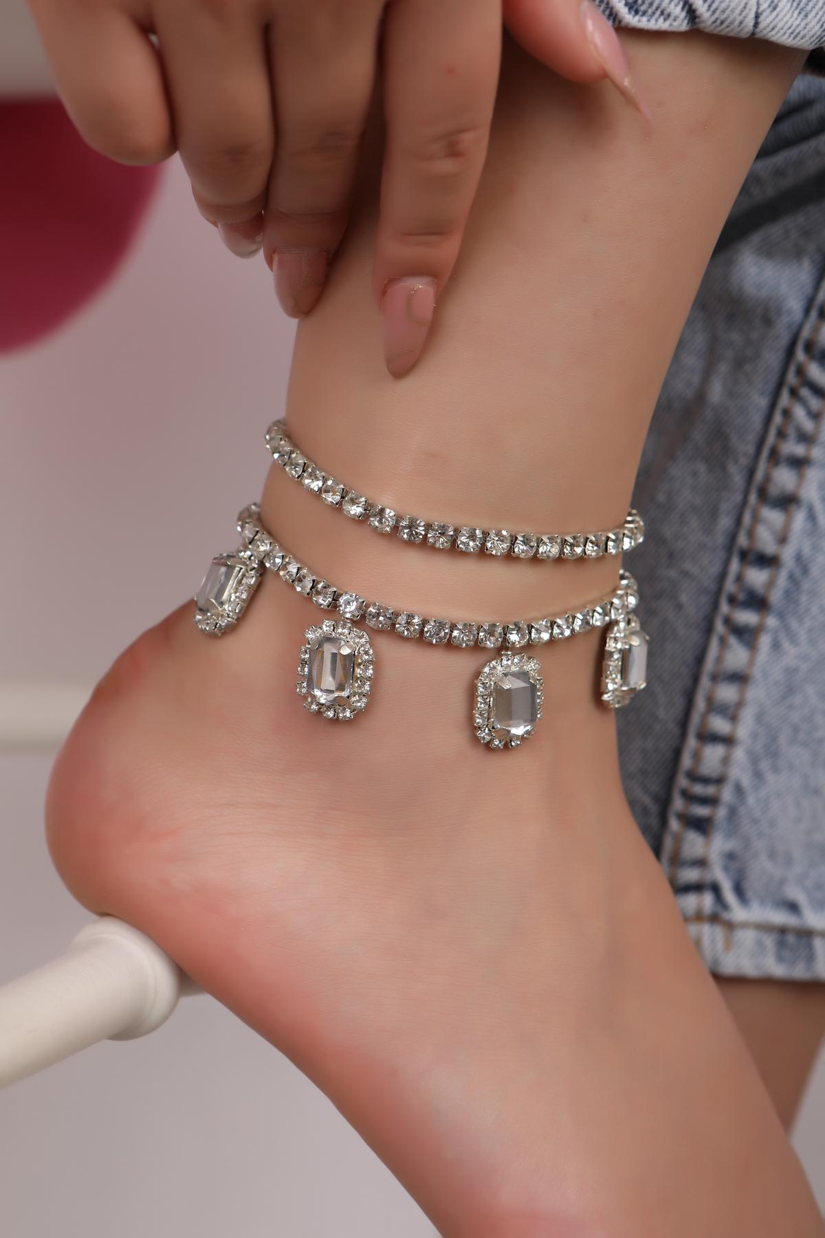 4 Baget Taşlı Su Yolu Kristal Taşlı  İkili Baget Halhal Baget Halhal Silver