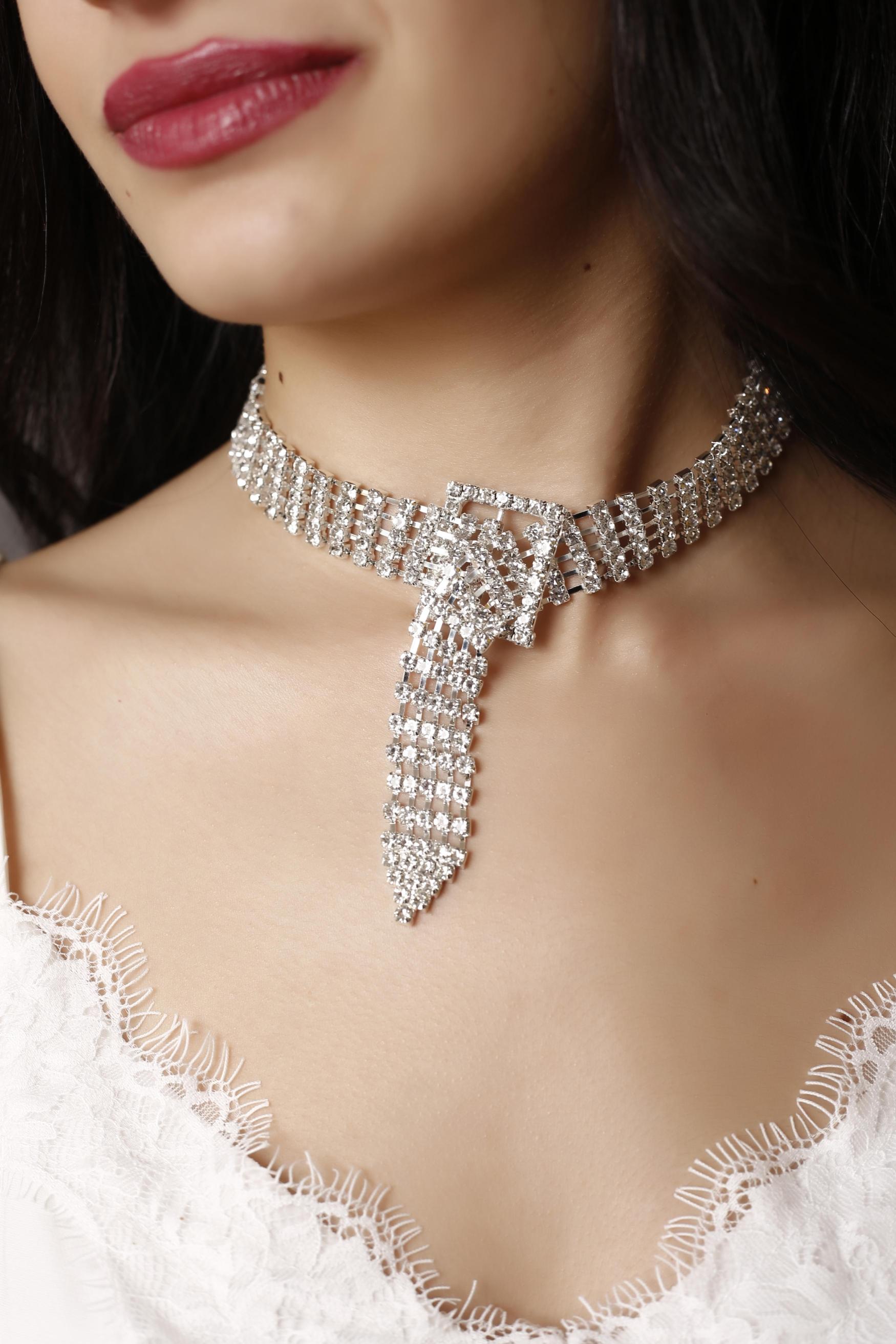 Silver Kristal Taşlı Kemer Choker Kolye Özel Kolye Taşlı Choker