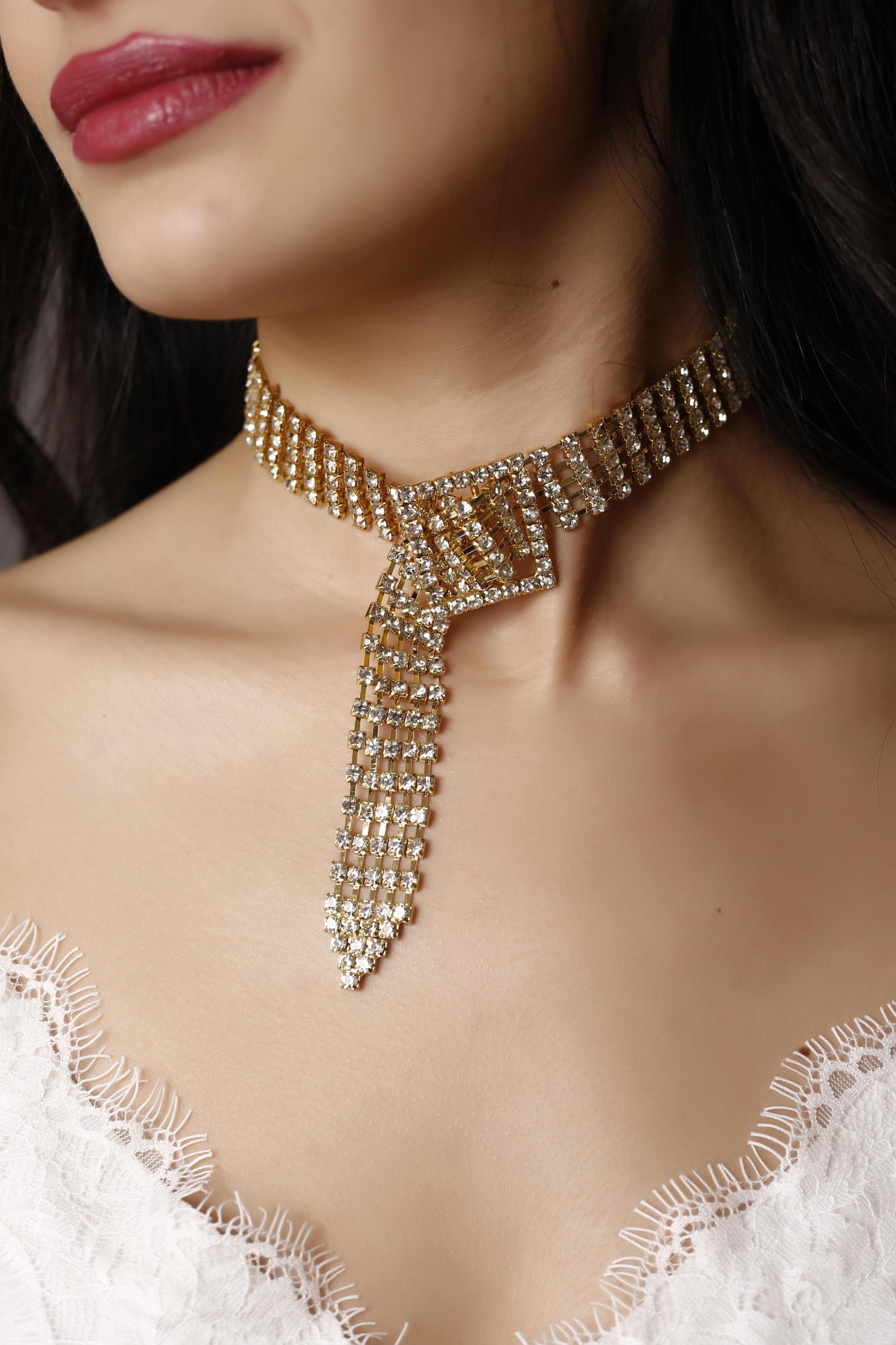 Gold Kristal Taşlı Kemer Choker Kolye Özel Kolye Taşlı Choker