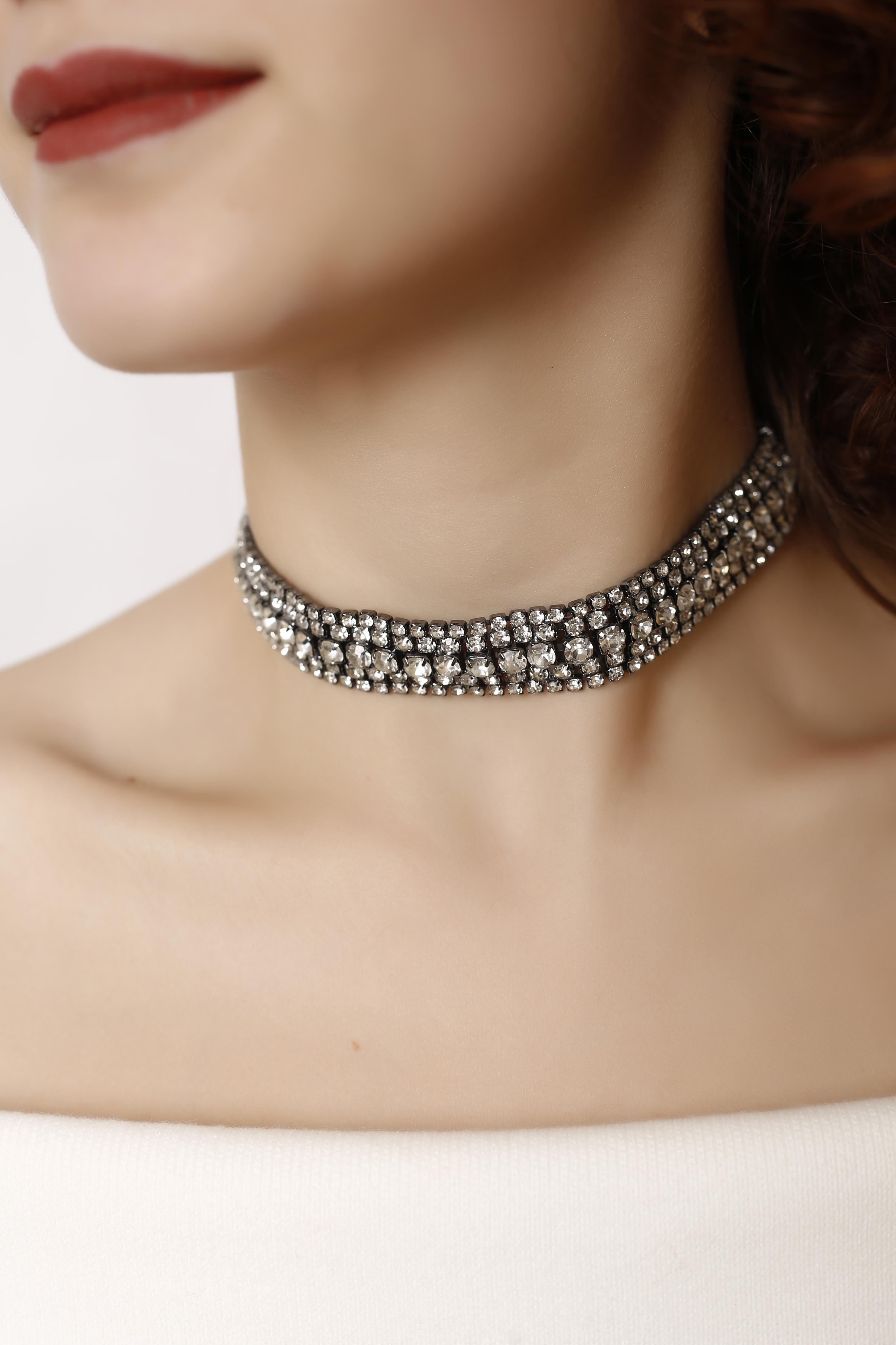 5 Sıralı Taşlı Siyah Choker Kolye, Taşlı Choker, Su Yolu Choker Kolye Choker