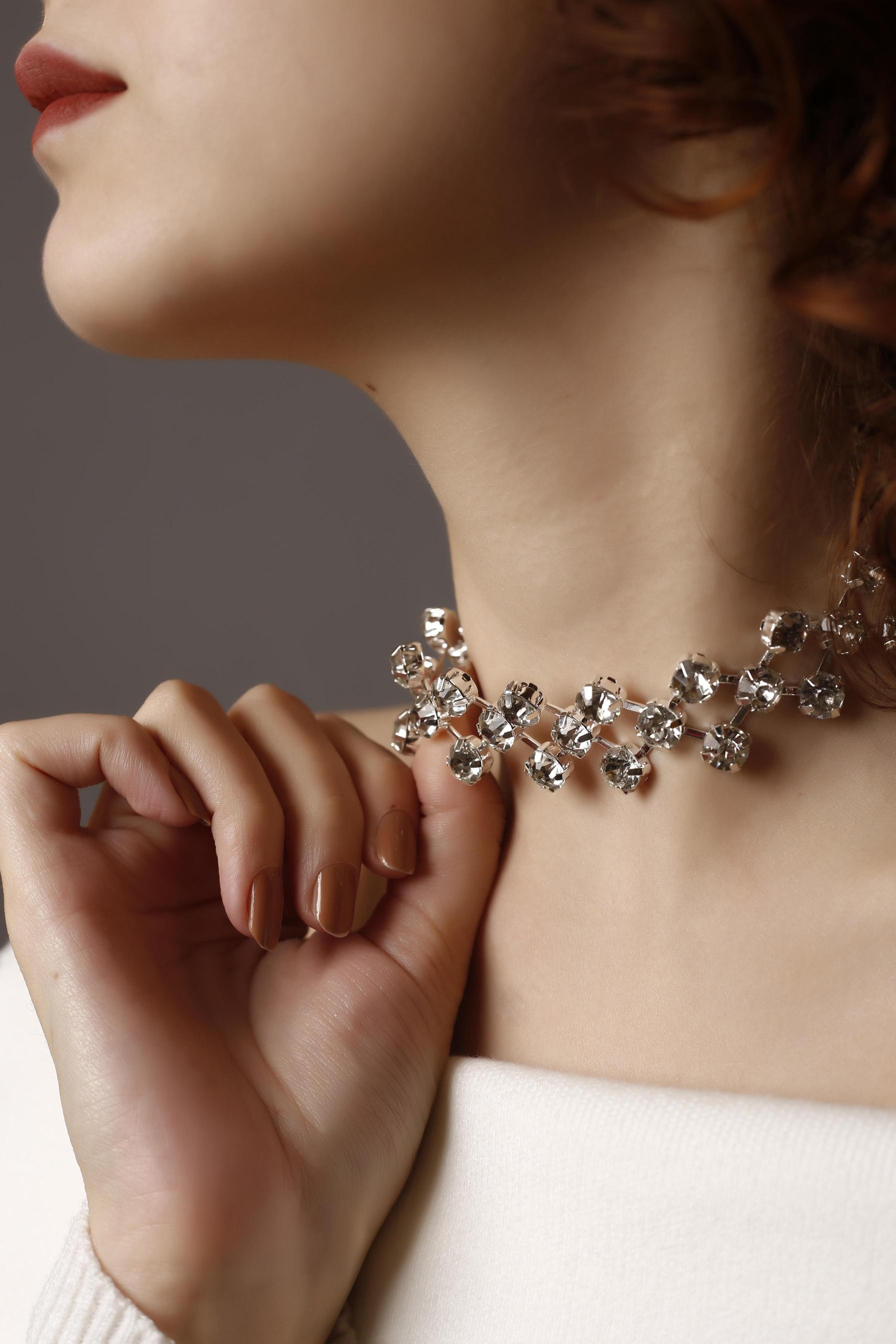 Çapraz Taşlı Silver Choker Kolye, Pırlanta Gibi, Taşlı Choker, Su Yolu Choker Kolye, Gerdanlık