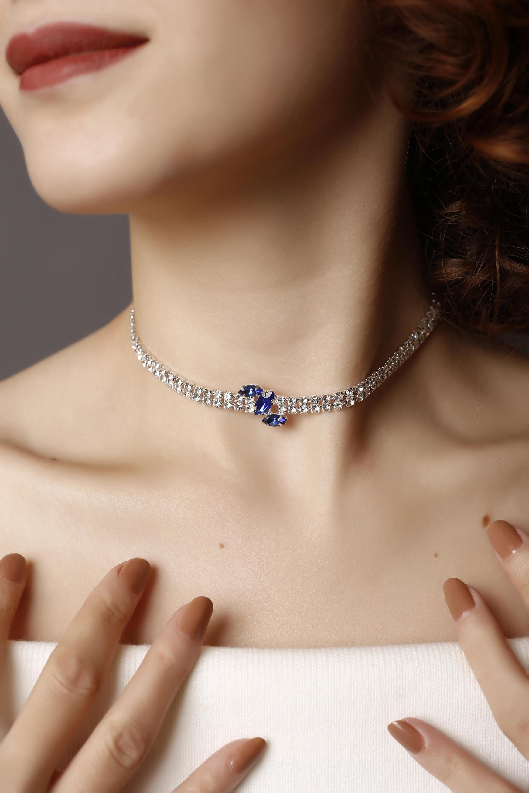Glam Mavi Zirkon Taşlı Choker Kolye, Stylish Taşlı Choker, Su Yolu Choker Kolye