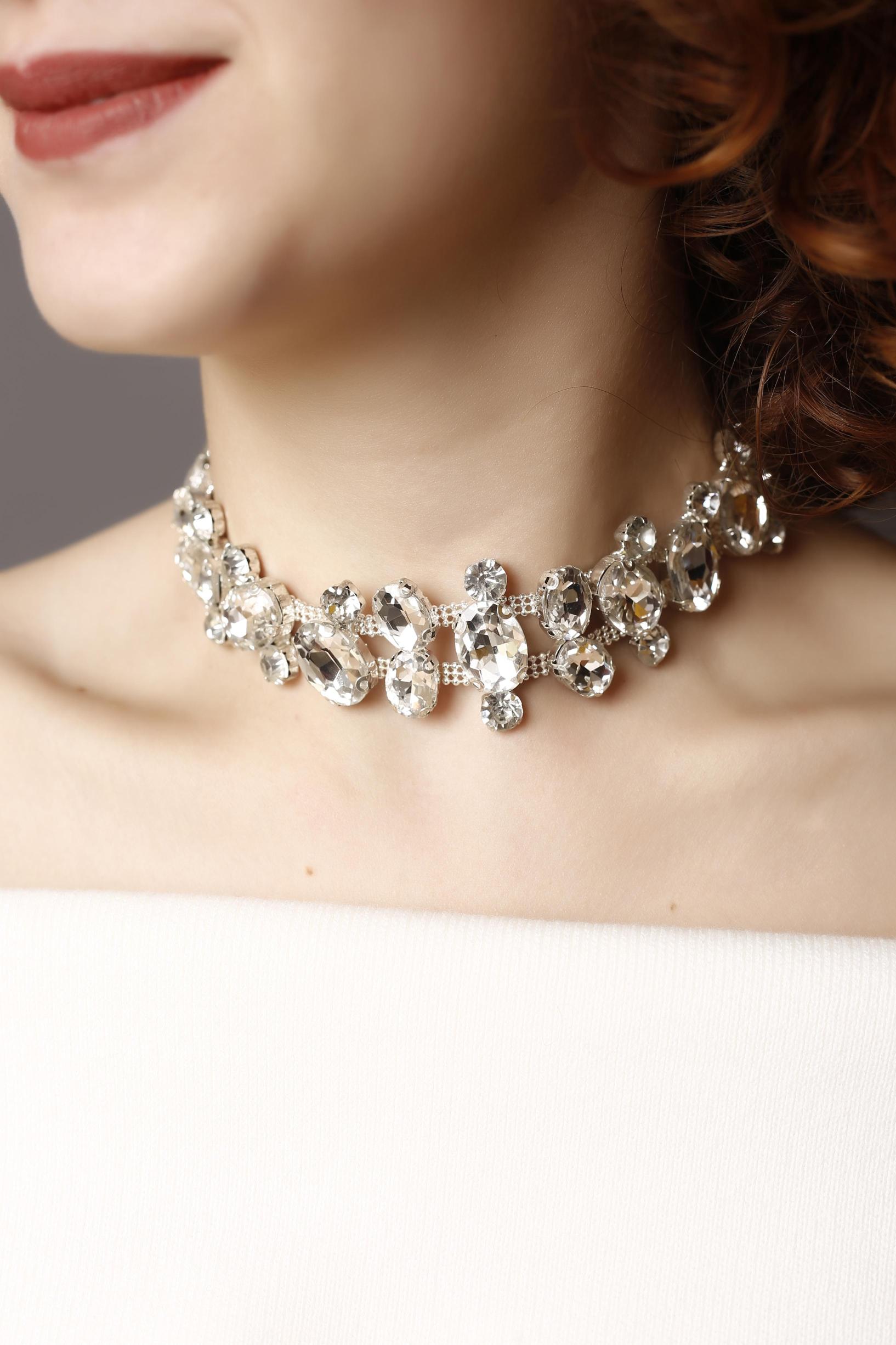 Çoklu Damla Taşlı Silver Choker Kolye, Pırlanta Gibi, Taşlı Choker, Su Yolu Choker Kolye, Gerdanlık