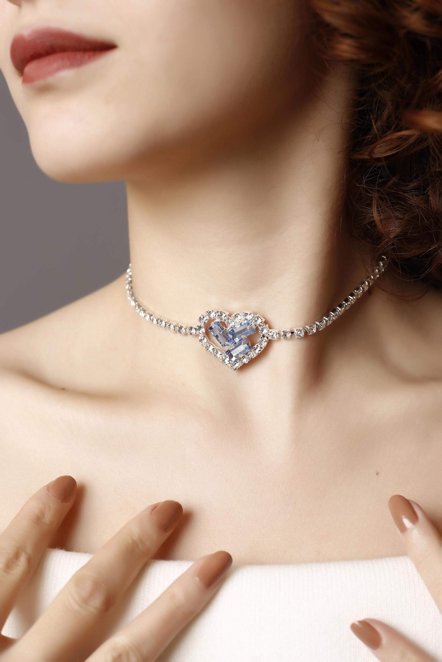 Janjan Taşlı Kalpli Choker Kolye, Stylish Taşlı Choker, Su Yolu Choker Kolye, Gerdanlık, Boyunluk