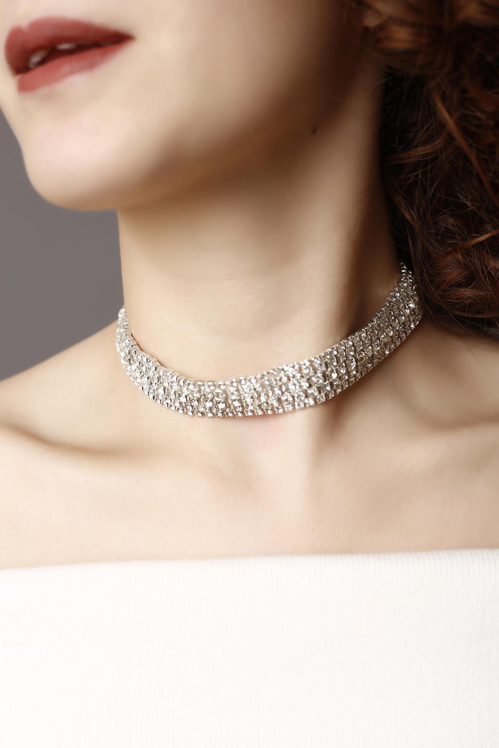 5 Sıralı Taşlı Silver Choker Kolye, Taşlı Choker, Su Yolu Choker Kolye Choker