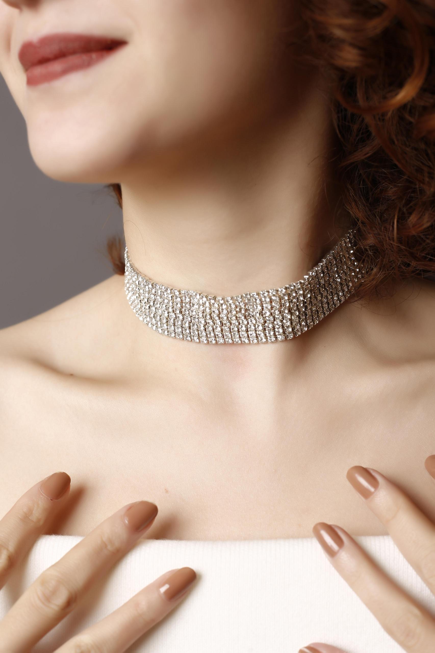 8 Sıralı Taşlı Silver Choker Kolye, Taşlı Choker, Su Yolu Choker Kolye, Gerdanlık, Choker