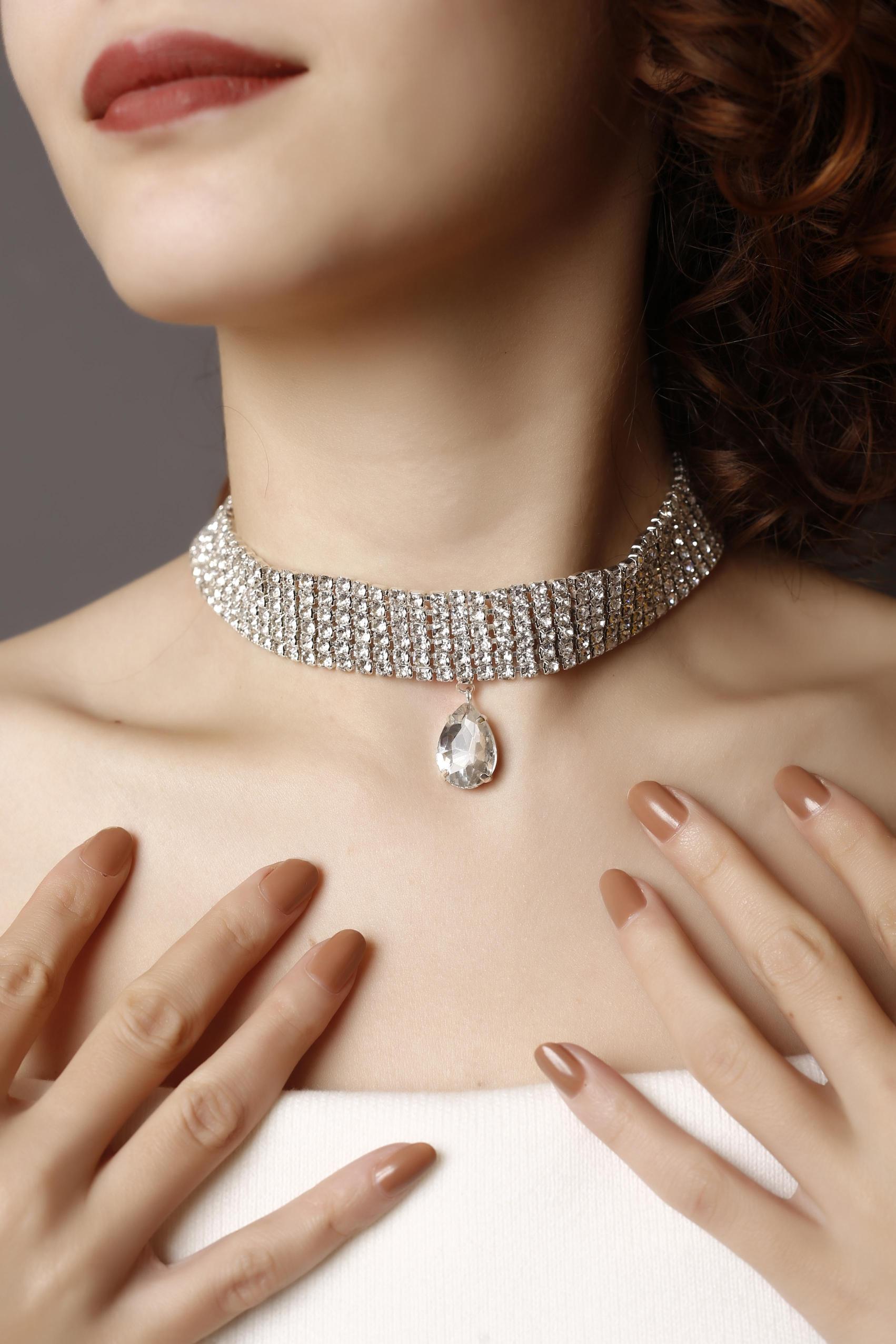 6 Sıralı Damla Taşlı Silver Choker Kolye, Taşlı Choker, Su Yolu Choker Kolye, Gerdanlık
