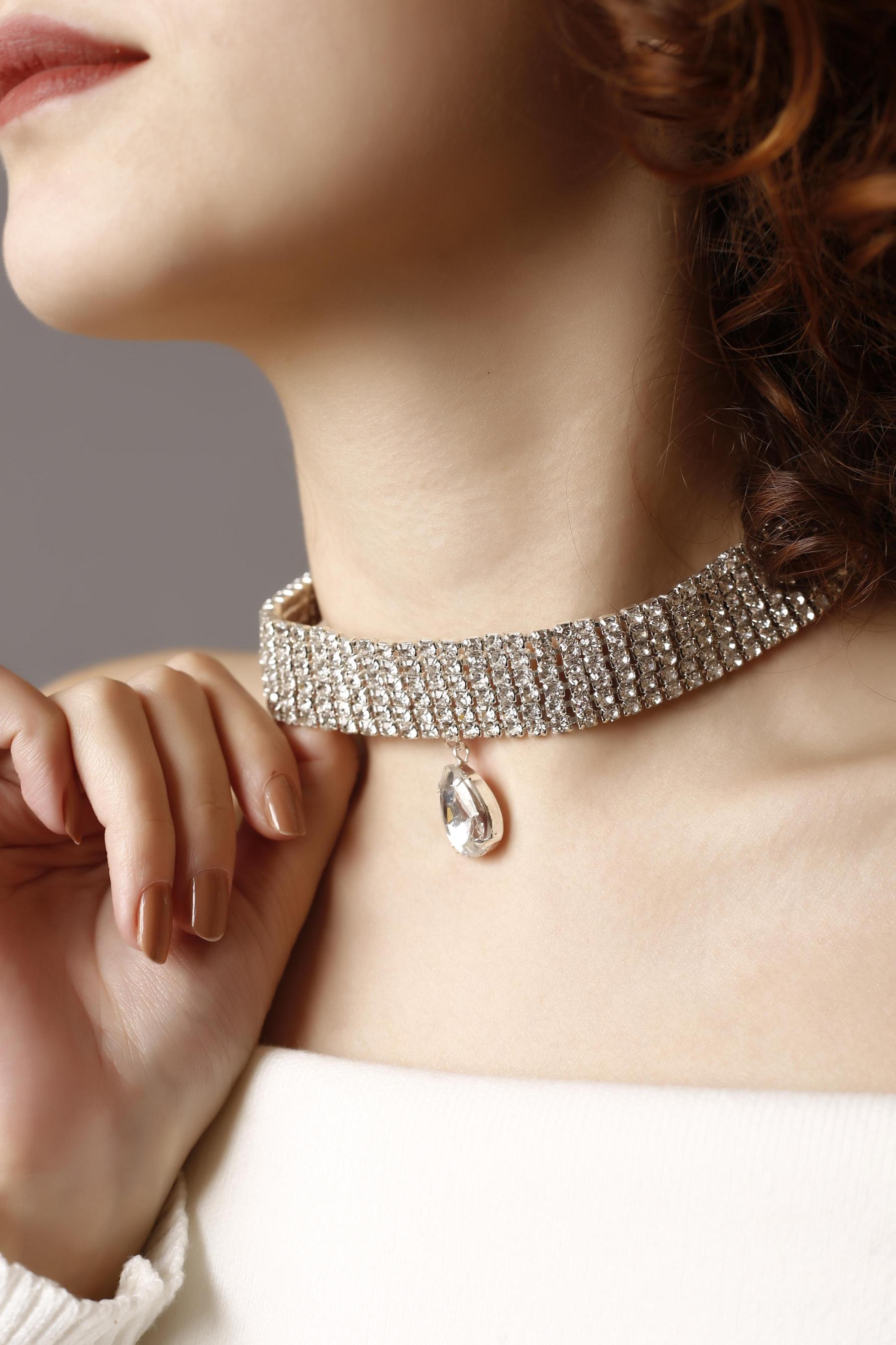 6 Sıralı Damla Taşlı Silver Choker Kolye, Taşlı Choker, Su Yolu Choker Kolye, Gerdanlık