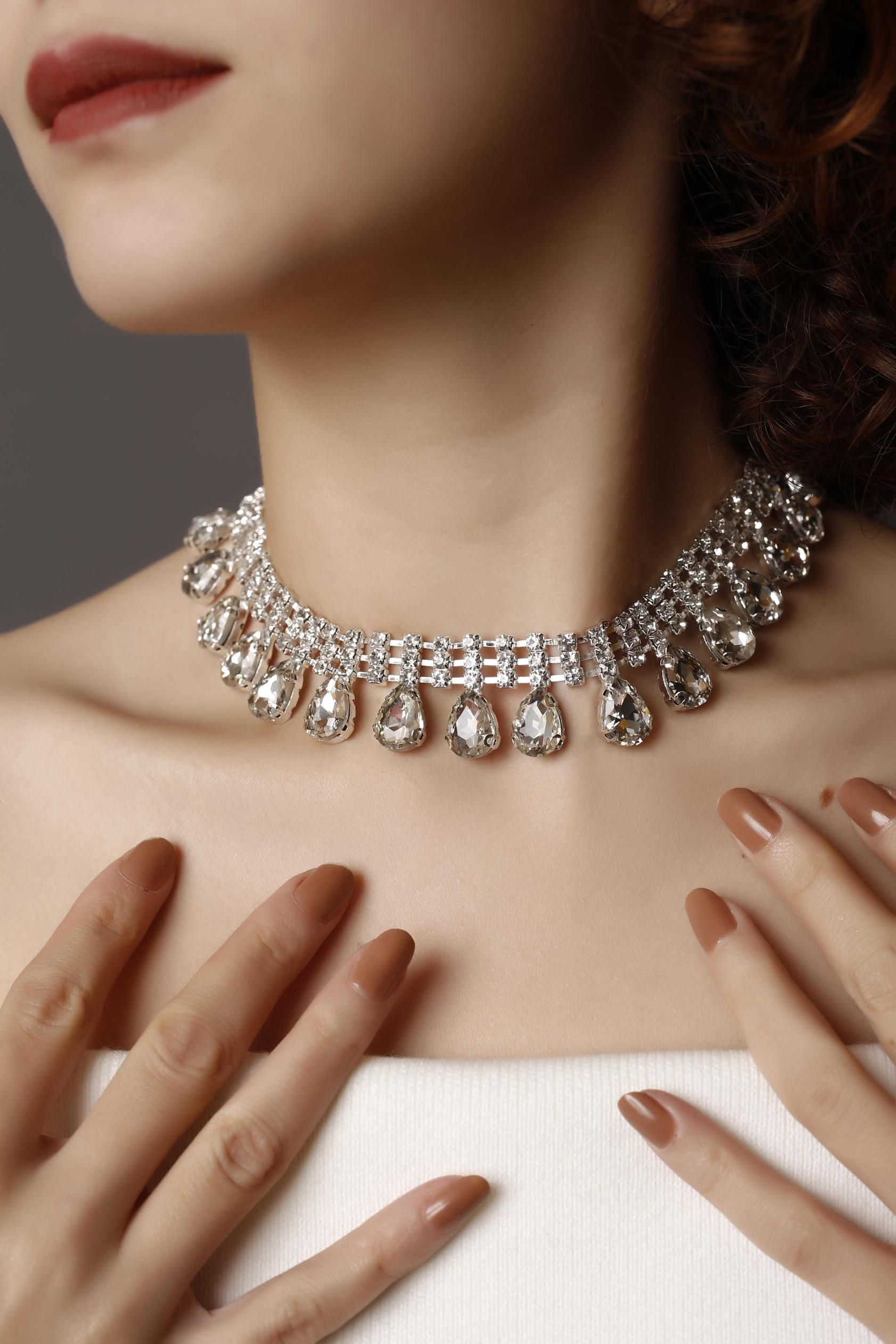 Damla Taşlı 3 Sıralı Silver Choker Kolye, Pırlanta Gibi, Taşlı Choker, Su Yolu Choker Kolye, Gerdanlık