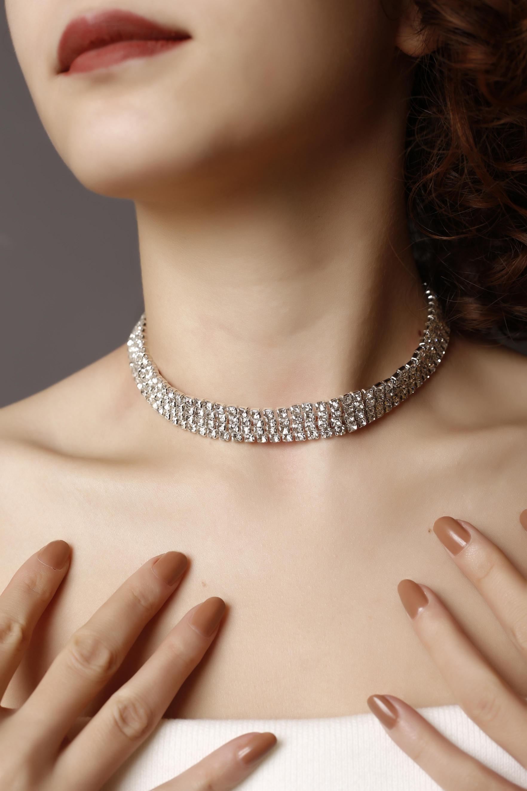 4 Sıralı Taşlı Silver Choker Kolye, Taşlı Choker, Su Yolu Choker Kolye Choker
