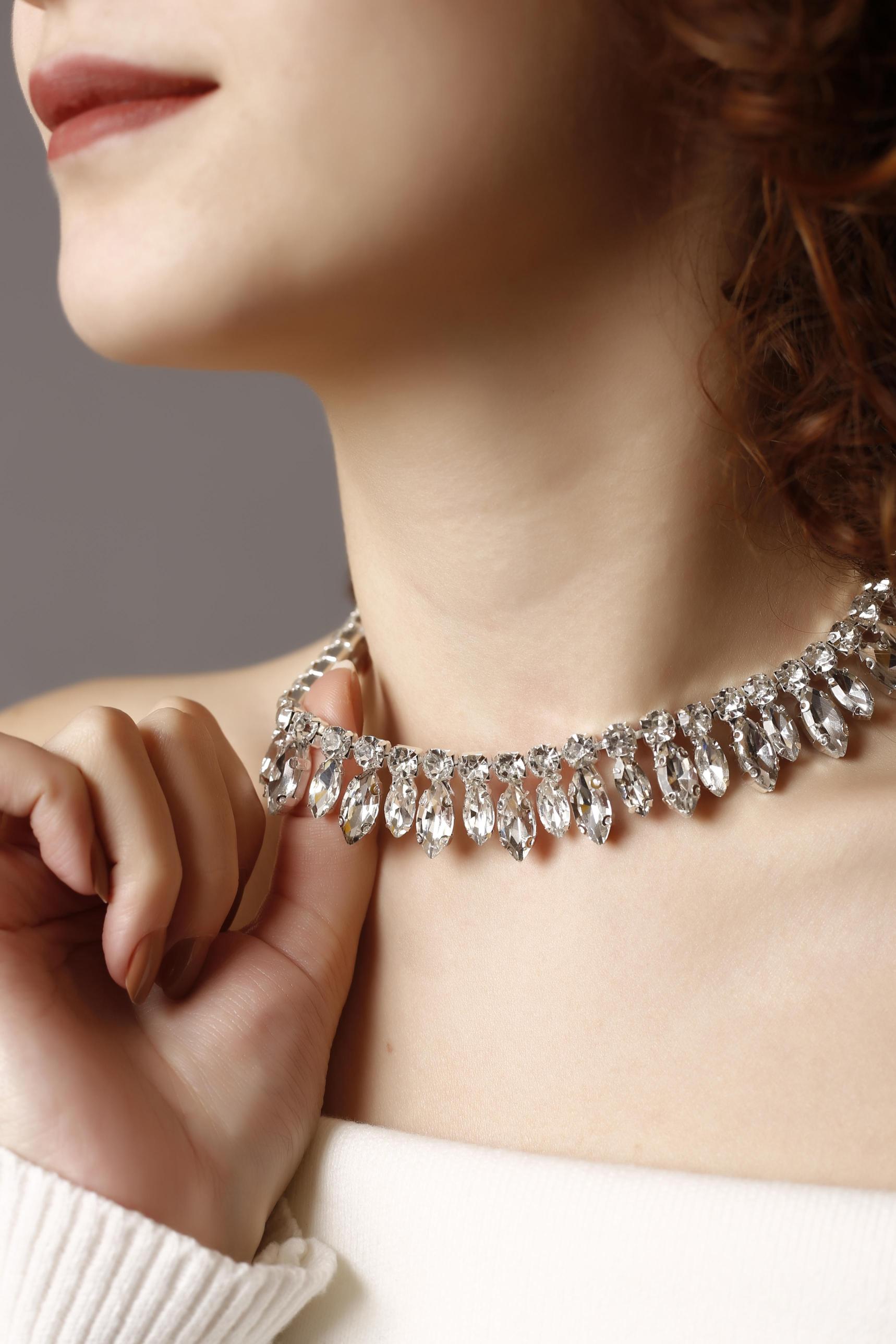 Geometrik Taşlı Silver Choker Kolye, Pırlanta Gibi, Taşlı Choker, Su Yolu Choker Kolye, Gerdanlık