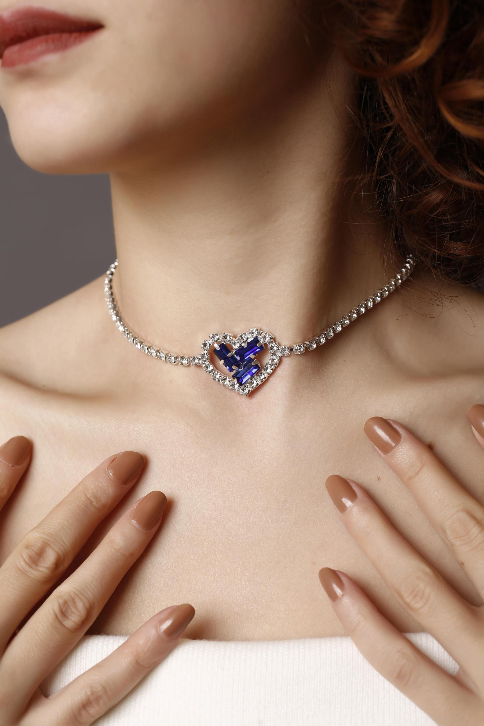 Mavi Taşlı Kalpli Choker Kolye, Stylish Taşlı Choker, Su Yolu Choker Kolye, Gerdanlık, Boyunluk