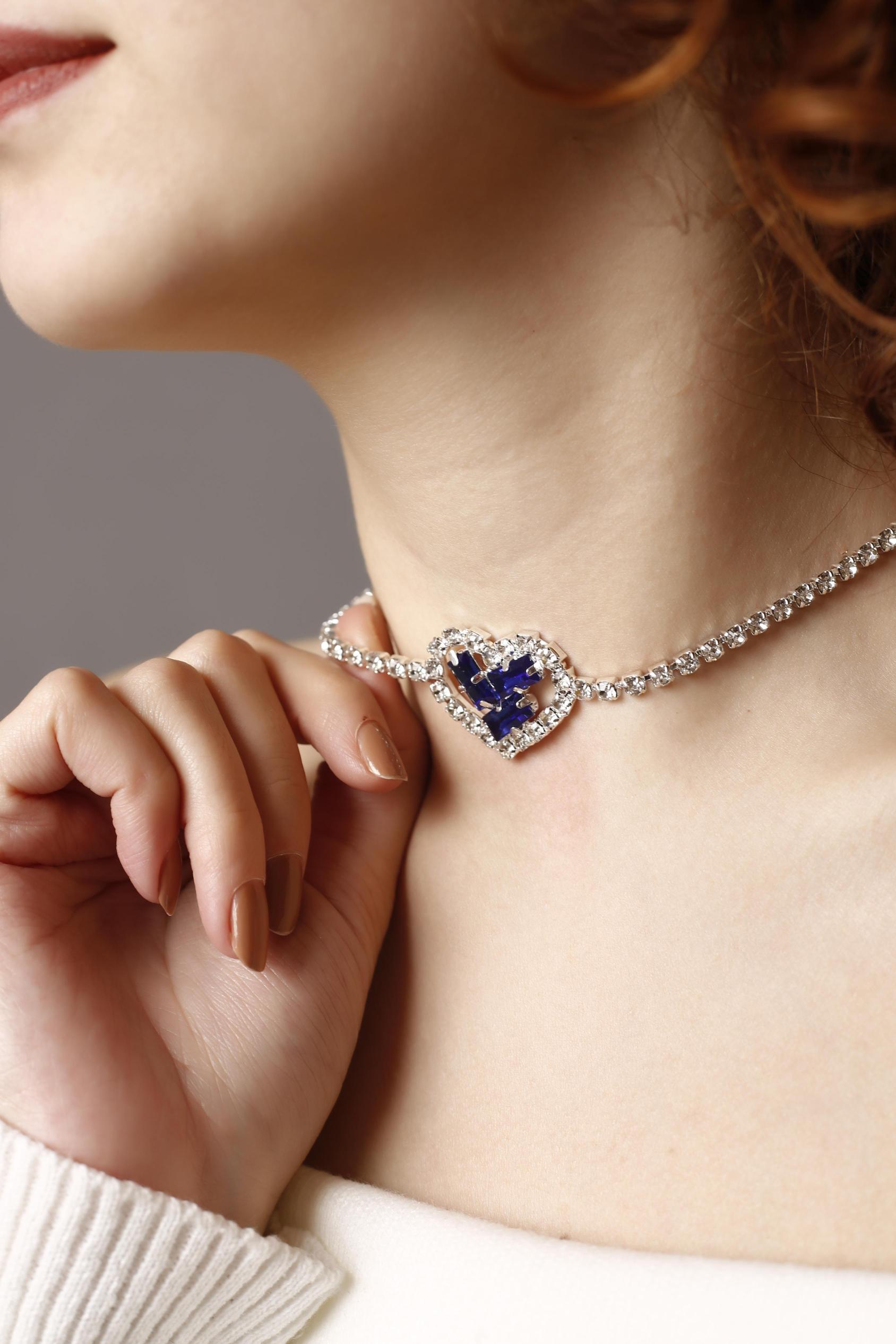 Mavi Taşlı Kalpli Choker Kolye, Stylish Taşlı Choker, Su Yolu Choker Kolye, Gerdanlık, Boyunluk
