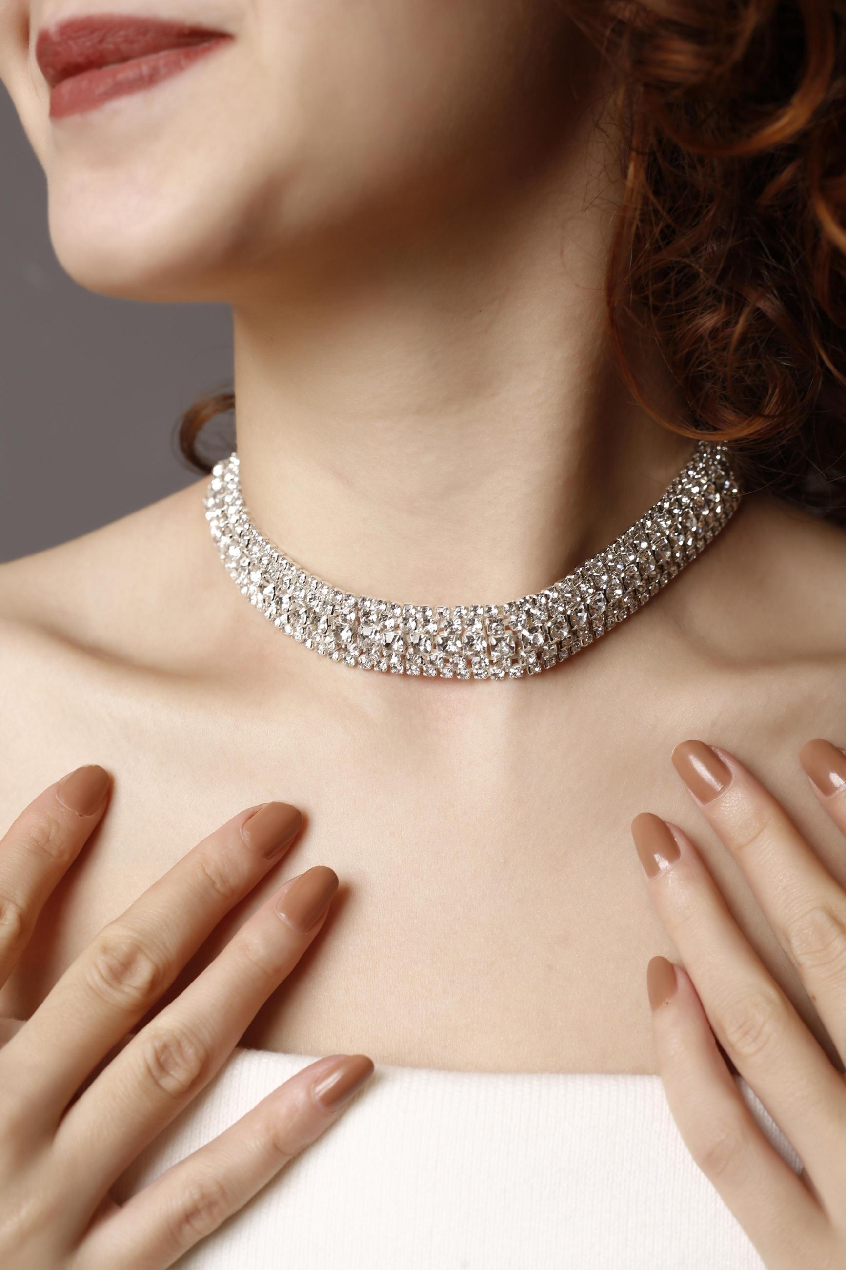 Kadın 5 Sıralı Taşlı Silver Choker Kolye, Taşlı Choker, Su Yolu Choker Kolye Choker
