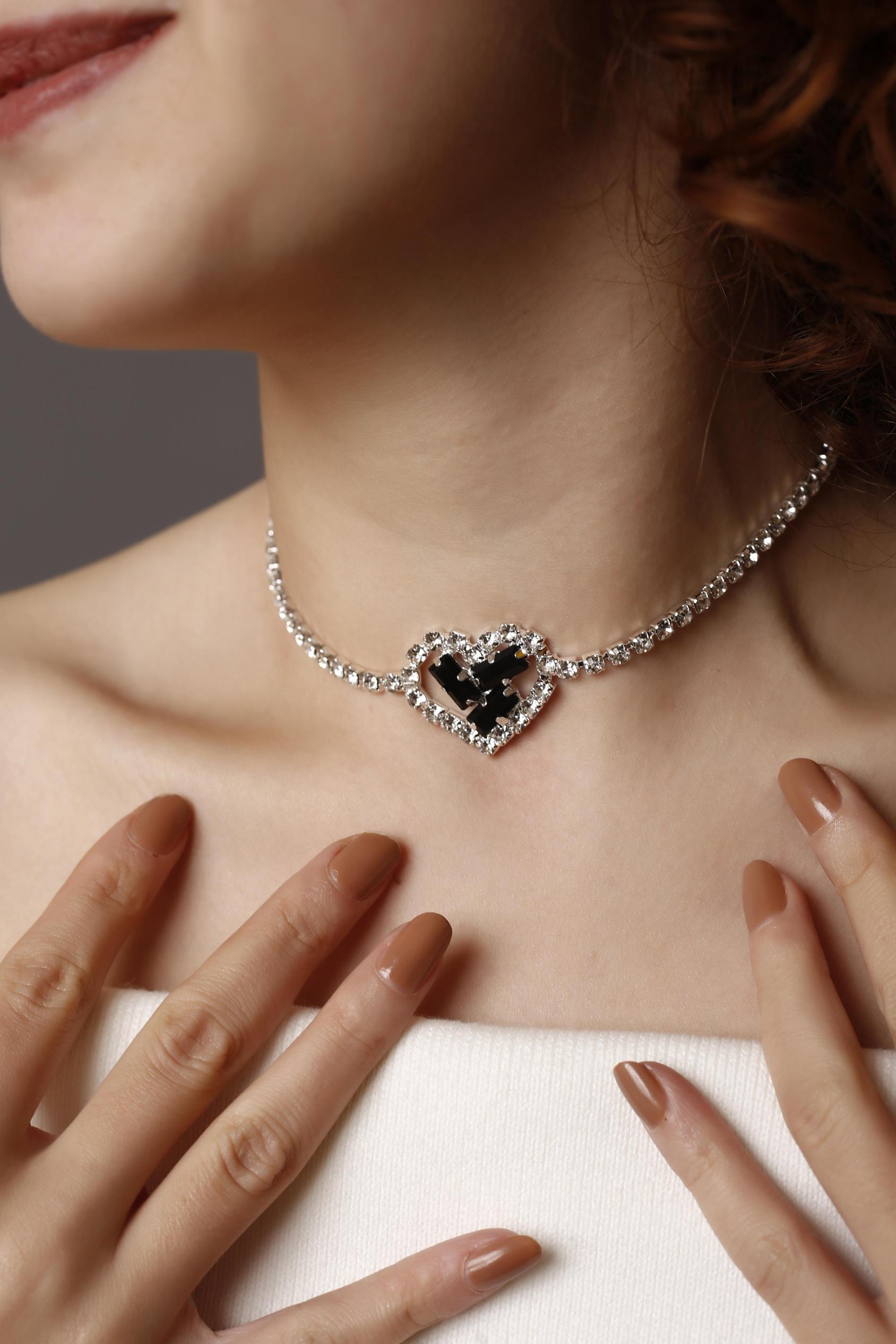Siyah Taşlı Kalpli Choker Kolye, Stylish Taşlı Choker, Su Yolu Choker Kolye, Gerdanlık, Choker