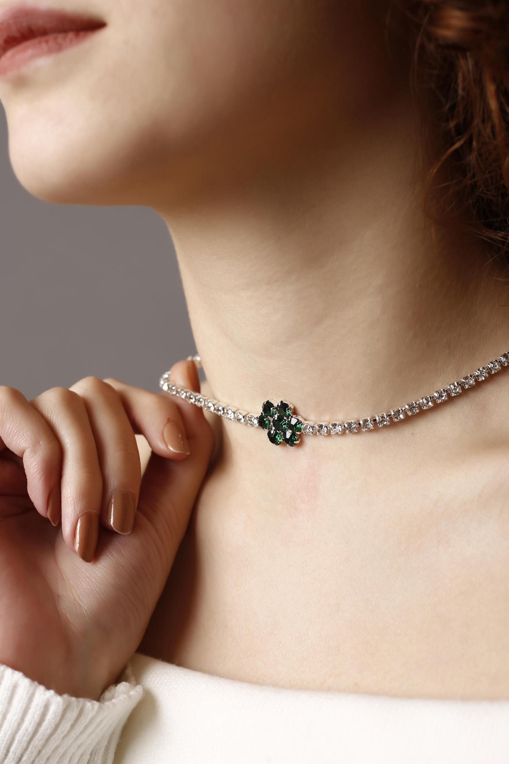 Yeşil Taşlı Çiçek Choker Kolye, Stylish Taşlı Choker, Su Yolu Choker Kolye, Gerdanlık, Boyunluk