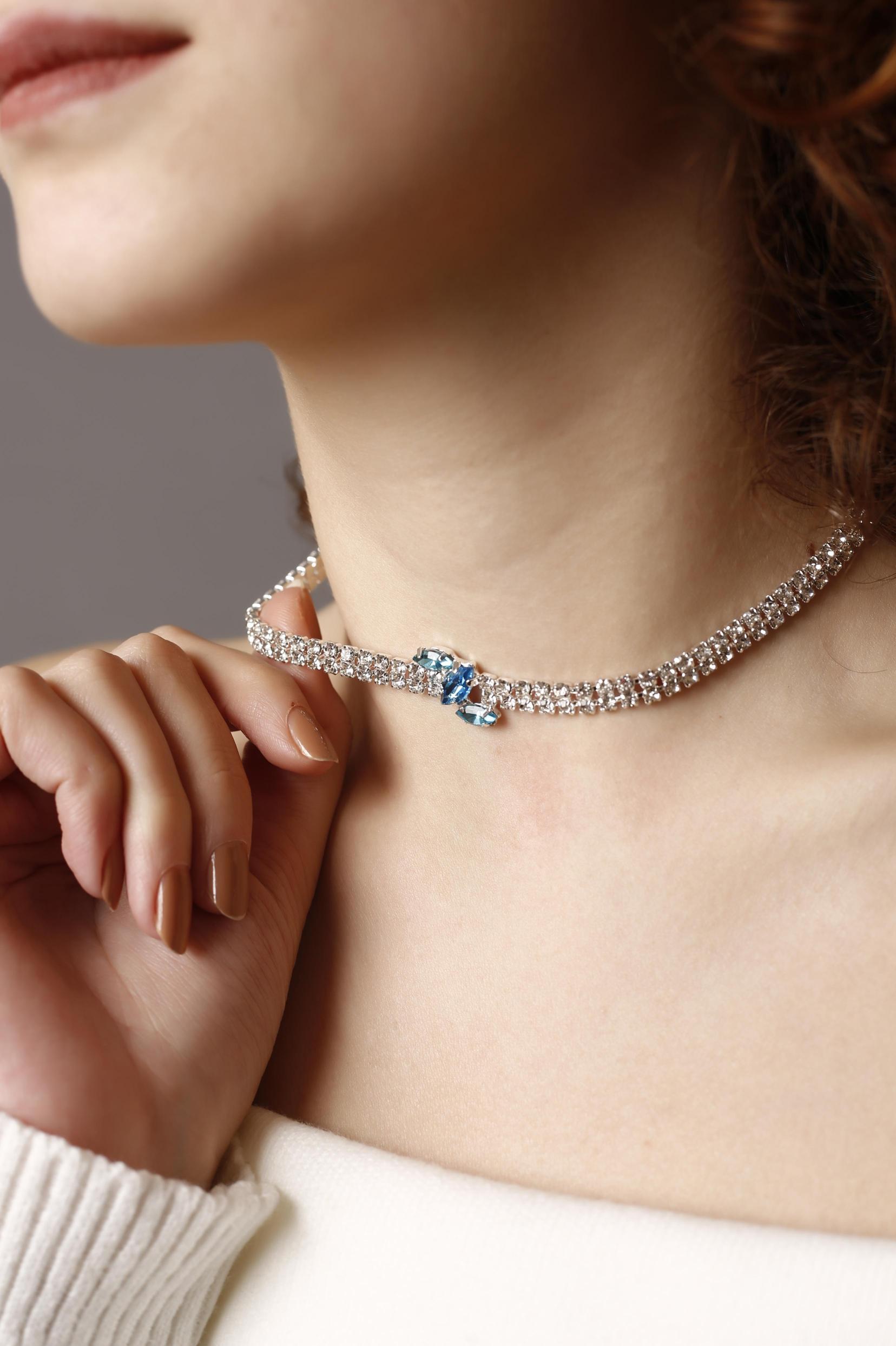 Glam Turkuaz Zirkon Taşlı Choker Kolye, Stylish Taşlı Choker, Su Yolu Choker Kolye