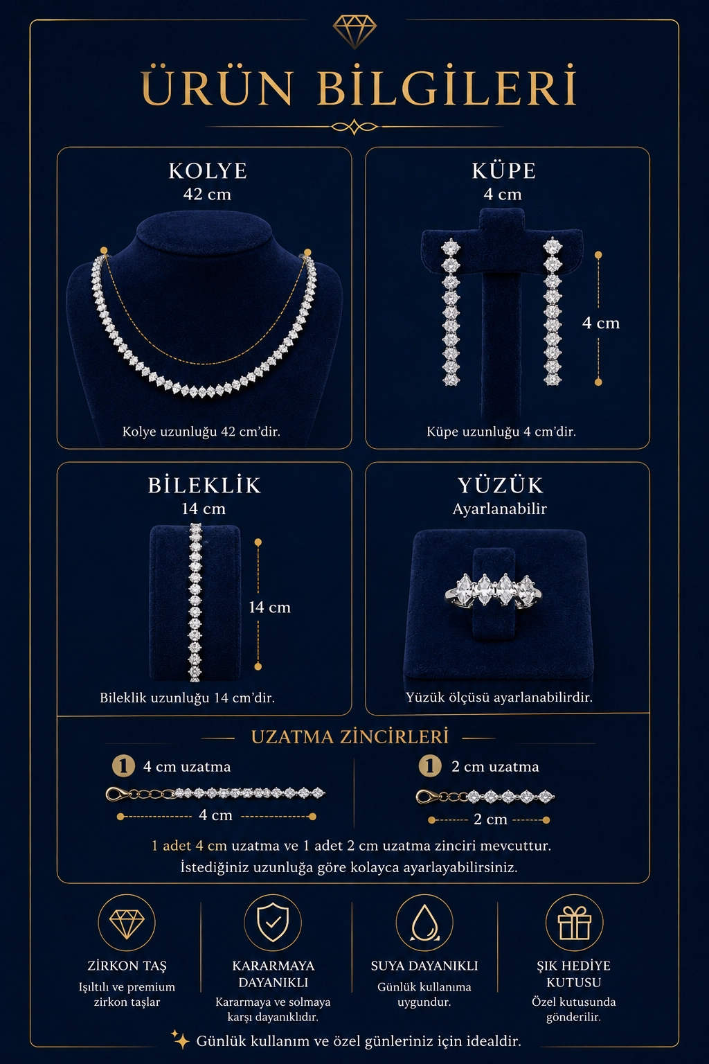 Premium Zirkon Taşlı Takı Seti | Kolye Küpe Bileklik Yüzük | Kararmaya Dayanıklı | Ayarlanabilir Yüzük | Hediye Kutulu