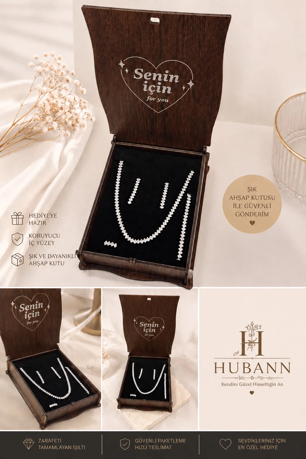 Premium Zirkon Taşlı Takı Seti | Kolye Küpe Bileklik Yüzük | Kararmaya Dayanıklı | Ayarlanabilir Yüzük | Hediye Kutulu