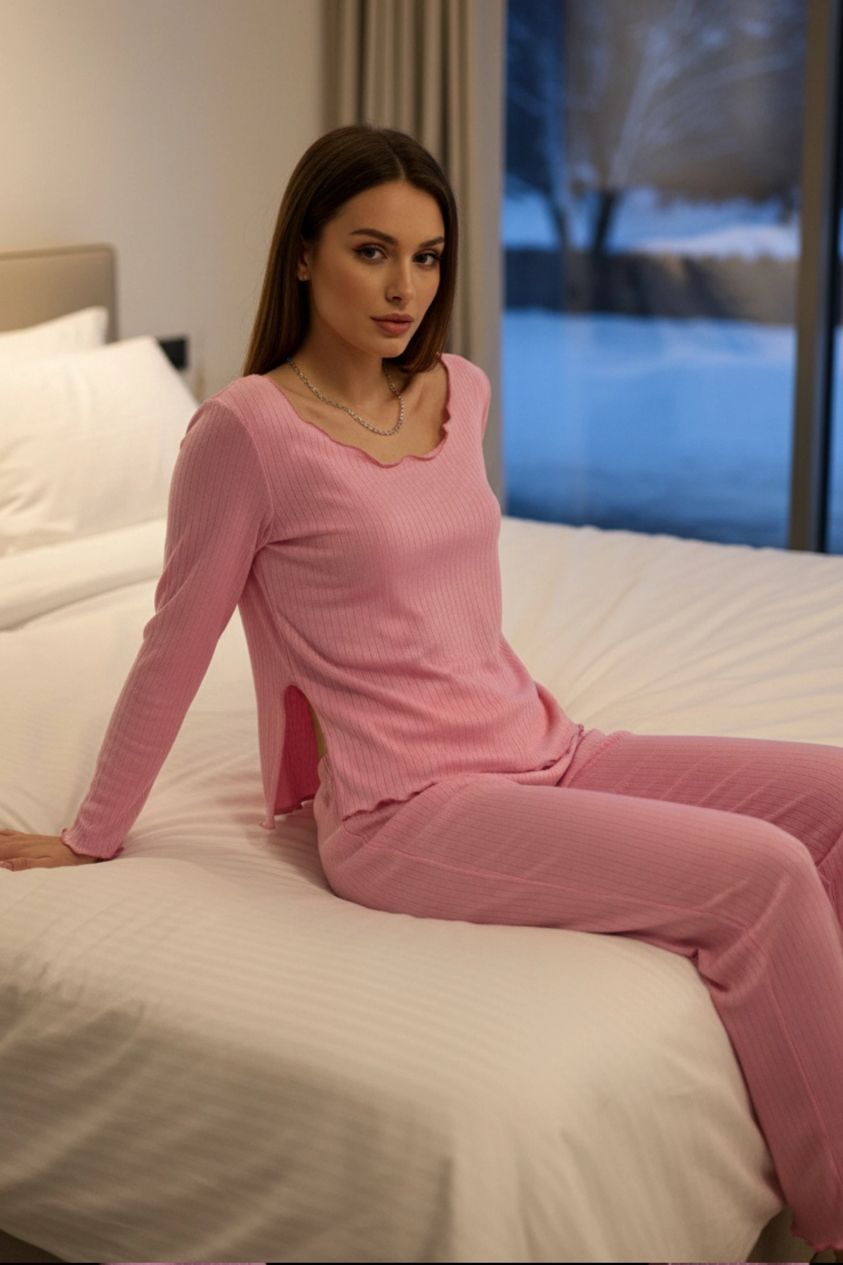 Açık Geniş Yakalı Pamuklu Kumaş Yırtmaçlı Pijama Takımı – Salaş Rahat Takım