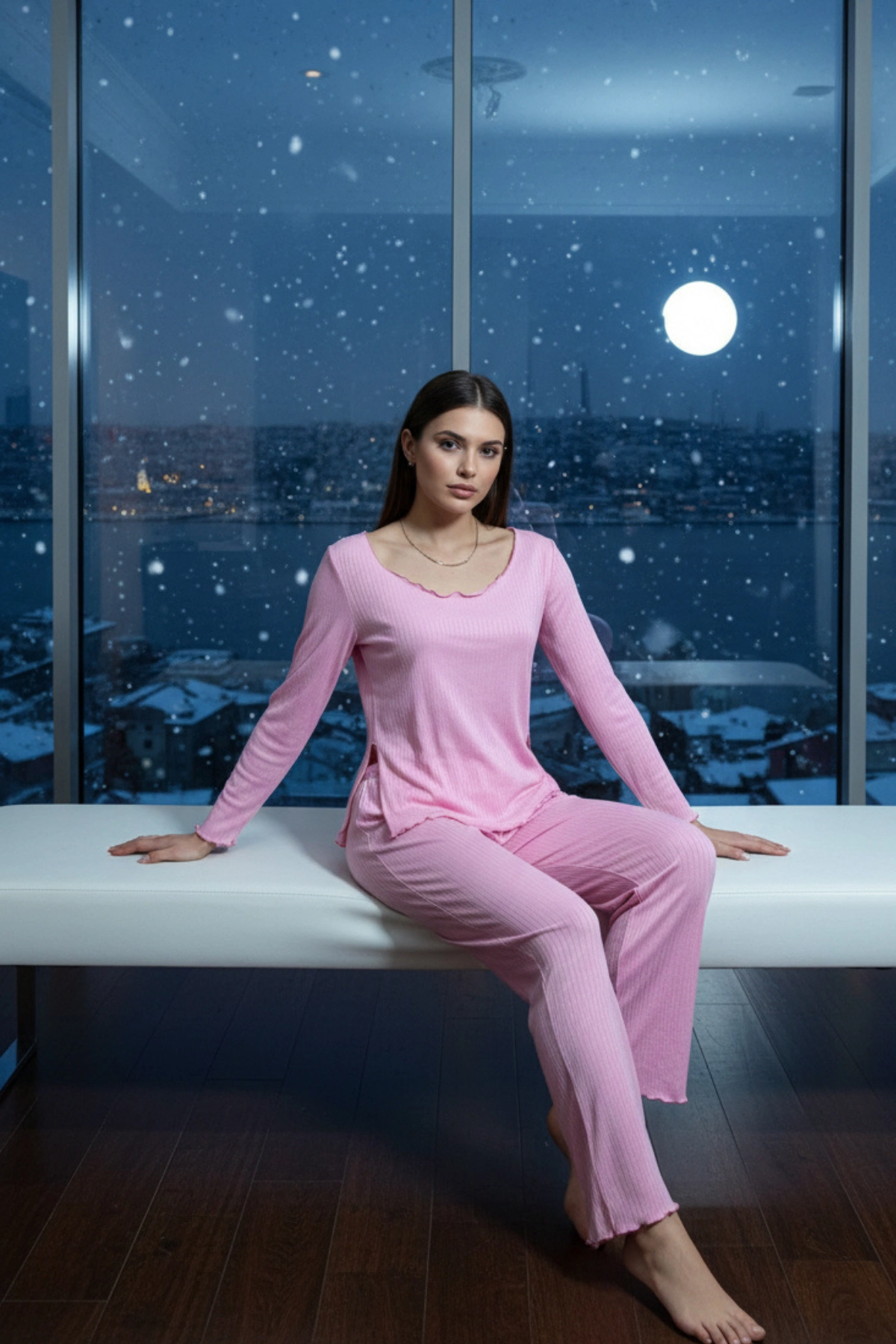 Açık Geniş Yakalı Pamuklu Kumaş Yırtmaçlı Pijama Takımı – Salaş Rahat Takım