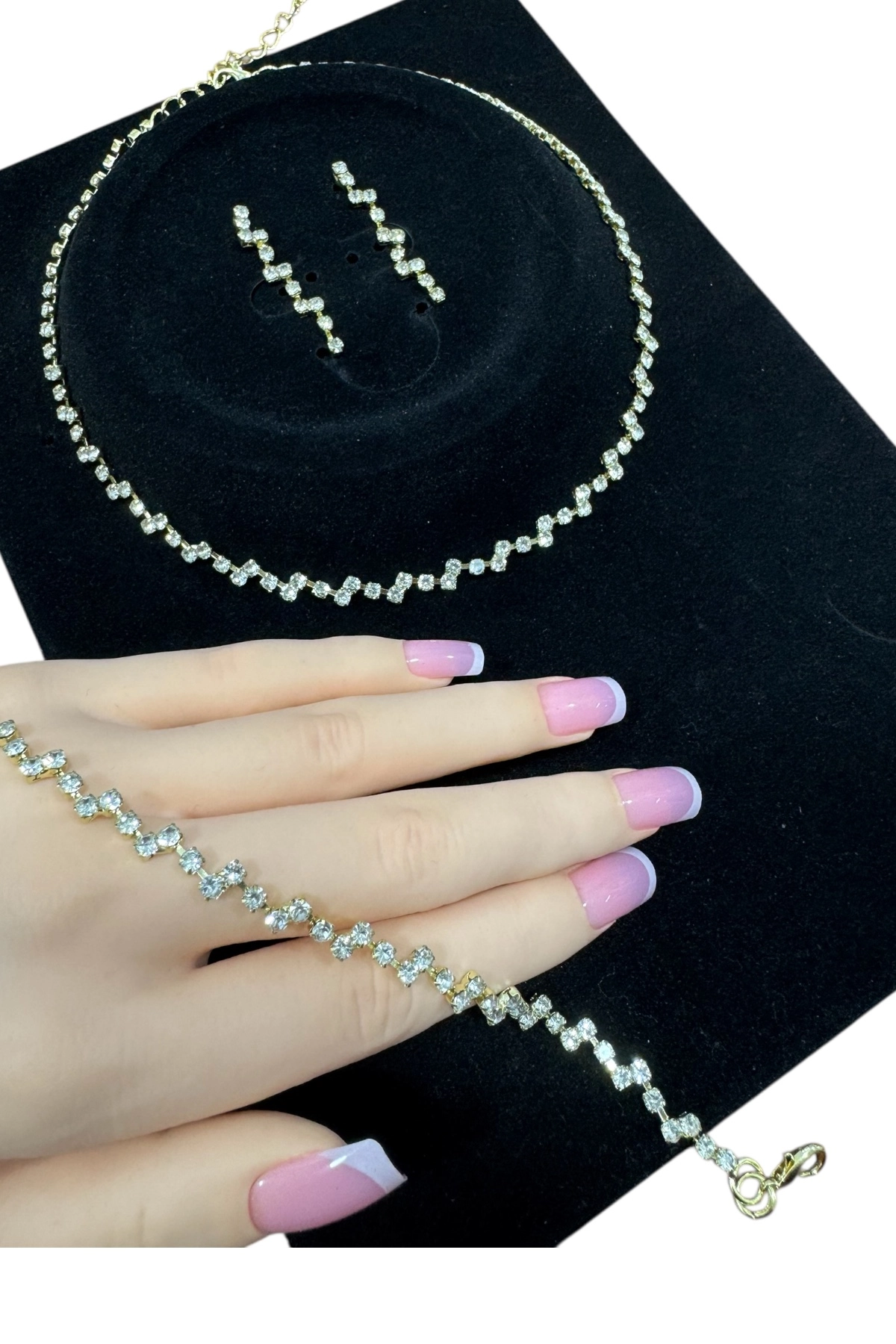Altın Renk Zigzag Ajda Model 3’lü Set Su Yolu Kolye Küpe Bileklik Seti