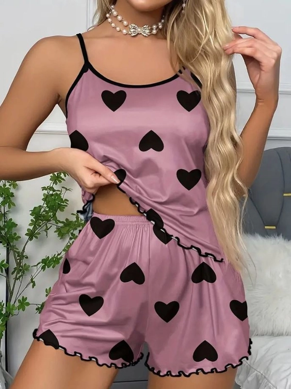 Askılı Kalp Desenli Mor Renk Şortlu Pijama Takımı
