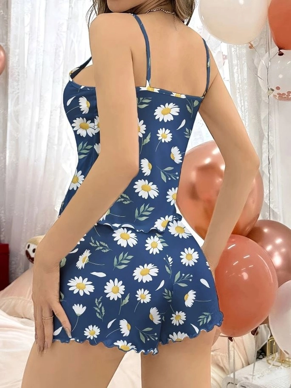 Askılı Papatya Desenli Şortlu Pijama Takımı