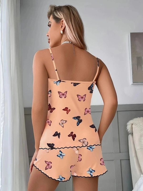 Askılı Renkli Kelebek Desenli Şortlu Pijama Takımı