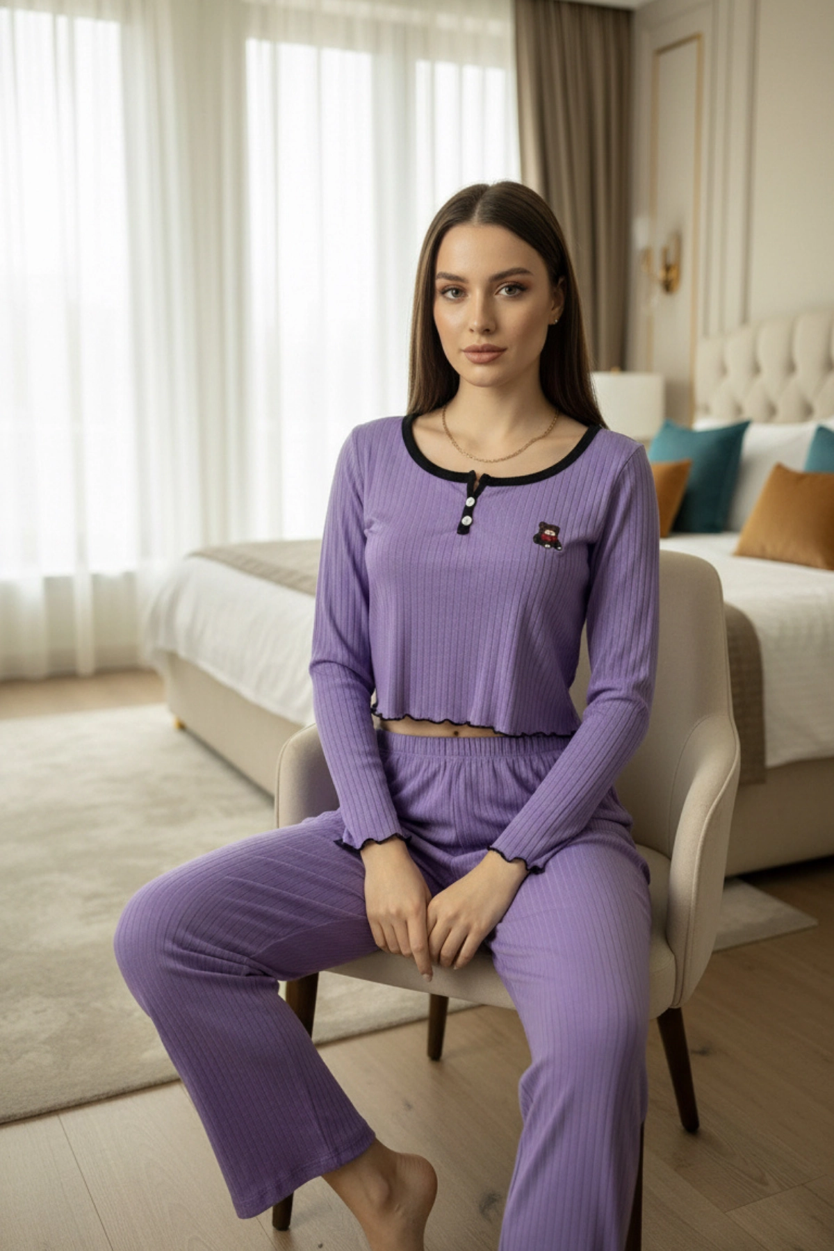 Ayıcık Nakışlı Pamuklu Kaşkorse Crop ve Pantolon Takımı Premium Pijama Takımı