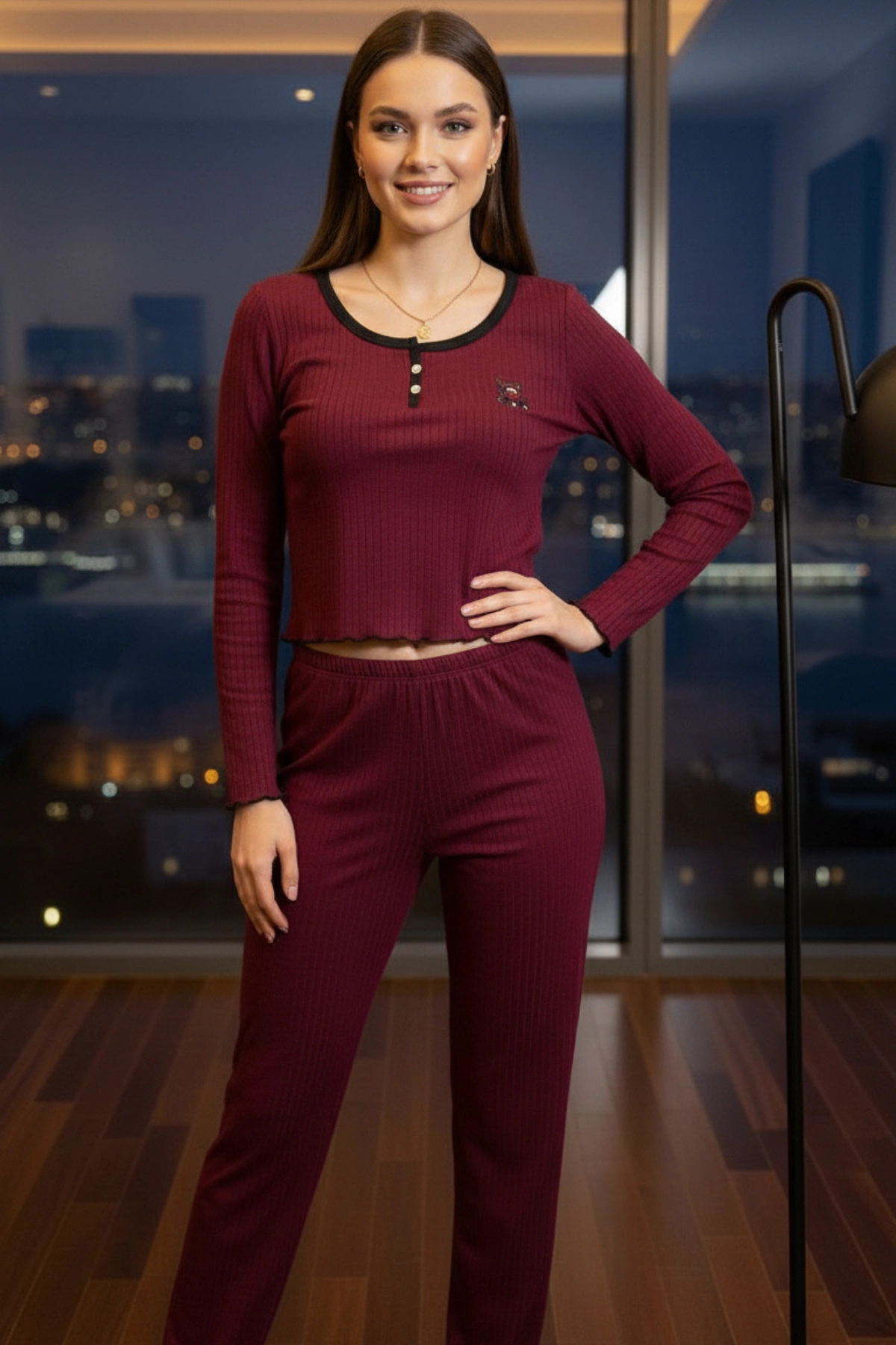 Ayıcık Nakışlı Pamuklu Kaşkorse Crop ve Pantolon Takımı Premium Pijama Takımı