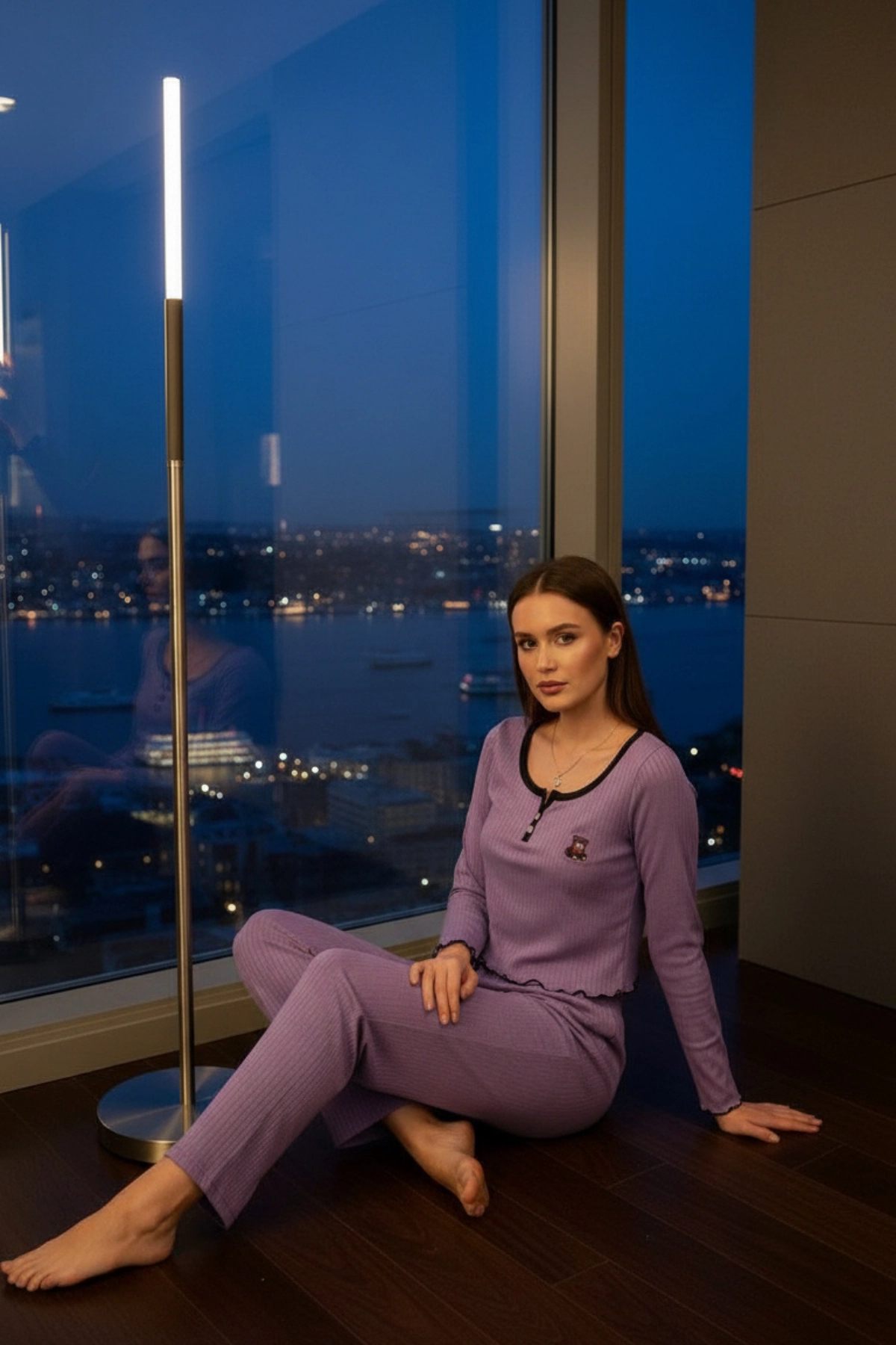 Ayıcık Nakışlı Pamuklu Kaşkorse Crop ve Pantolon Takımı Premium Pijama Takımı