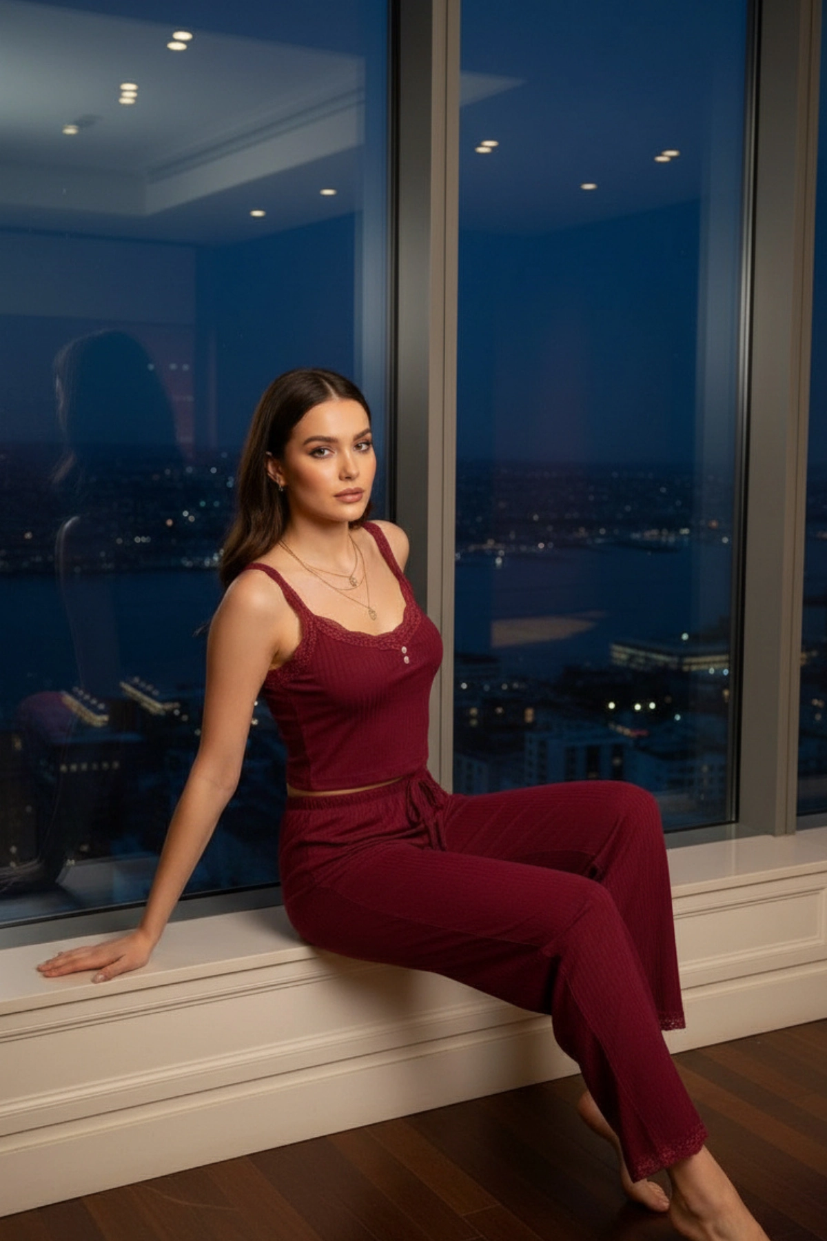 Dantelli Pamuklu Kaşkorse Crop ve Pantolon Takımı Premium Pijama Takımı