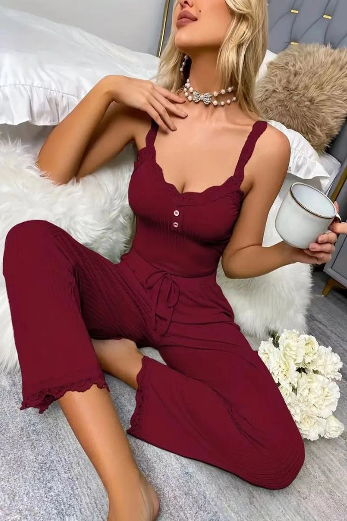 Dantelli Pamuklu Kaşkorse Crop ve Pantolon Takımı Premium Pijama Takımı