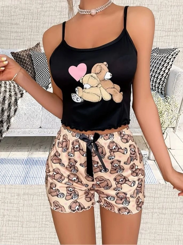 Çift Ayıcık Baskılı Askılı Şortlu Pijama Takımı