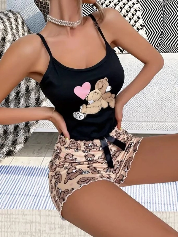 Çift Ayıcık Baskılı Askılı Şortlu Pijama Takımı