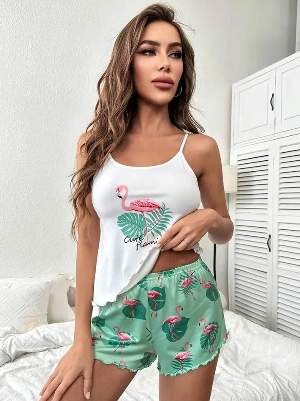 Flamingo Desenli Askılı Şortlu Pijama Takımı