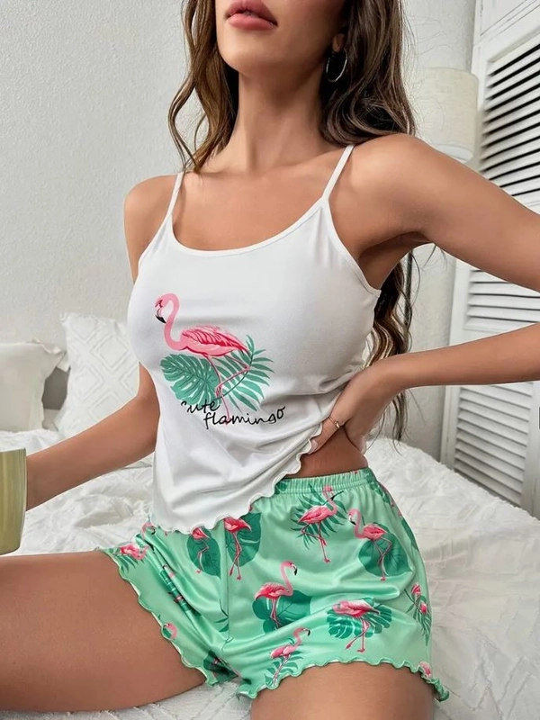Flamingo Desenli Askılı Şortlu Pijama Takımı