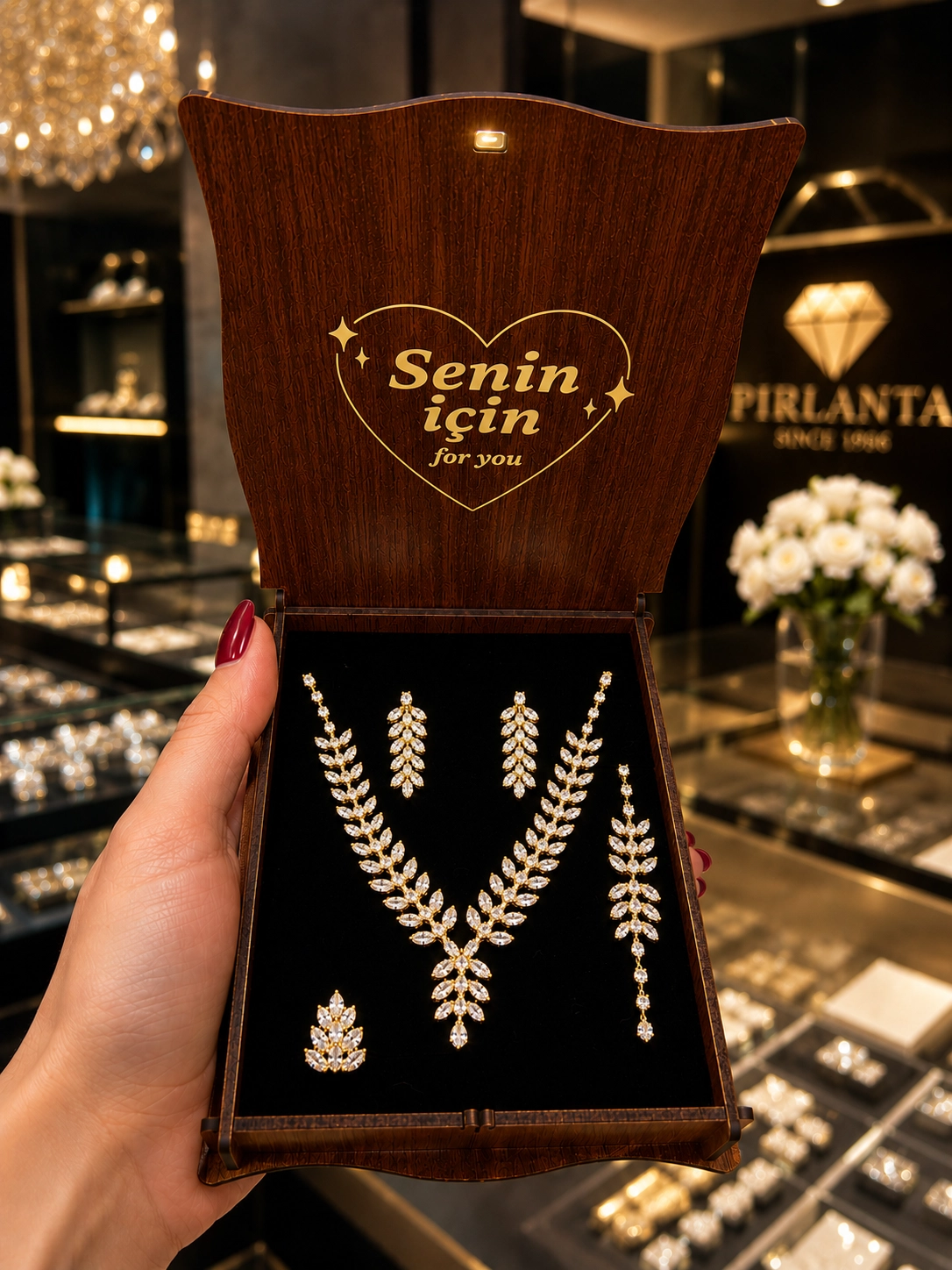 Pırlanta Görünümlü Zirkon Taşlı 4’lü Gelin Takı Seti Kolye Küpe Bileklik Yüzük Gold